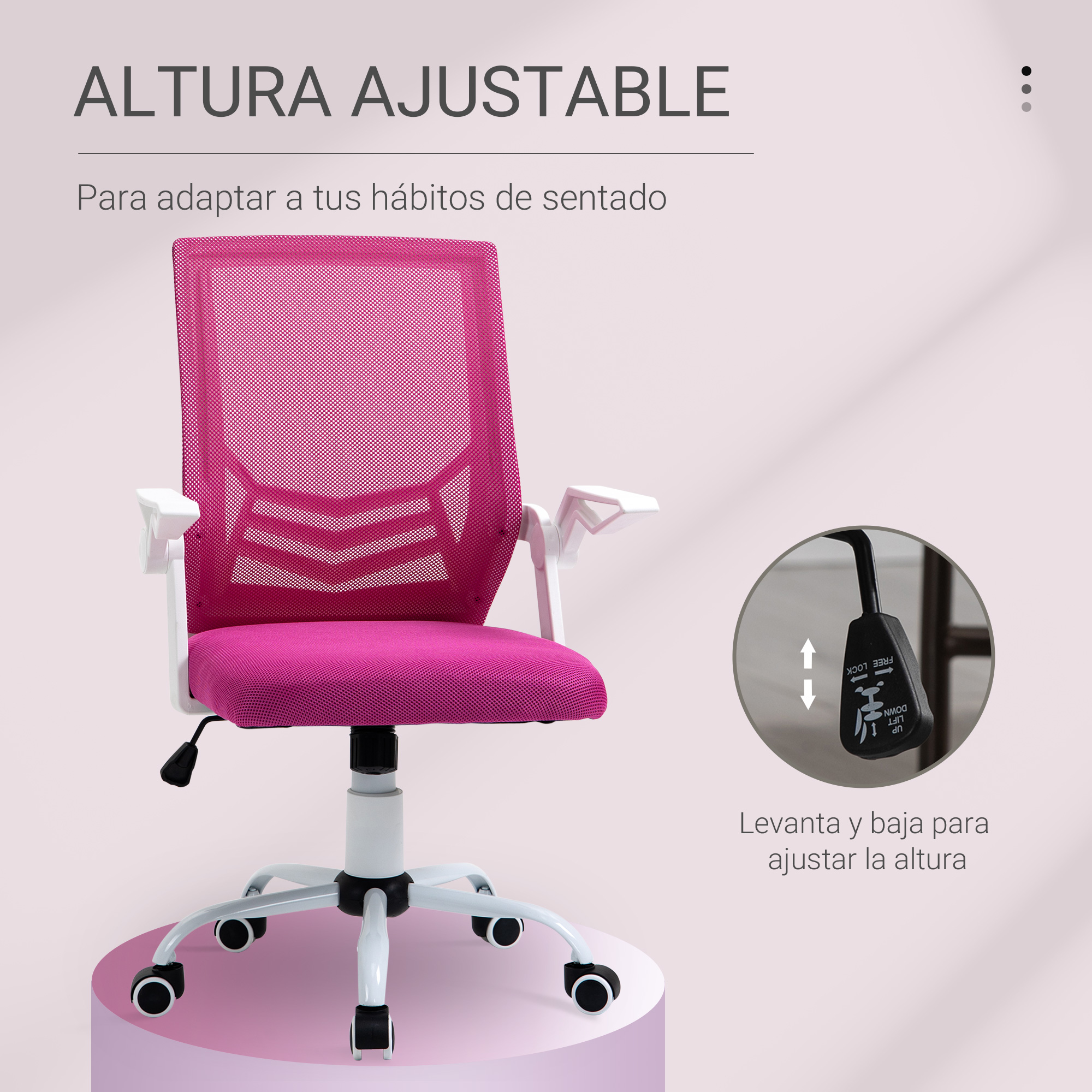 Silla de oficina con respaldo de malla rosa, altura ajustable, marco blanco. Texto: Altura ajustable.