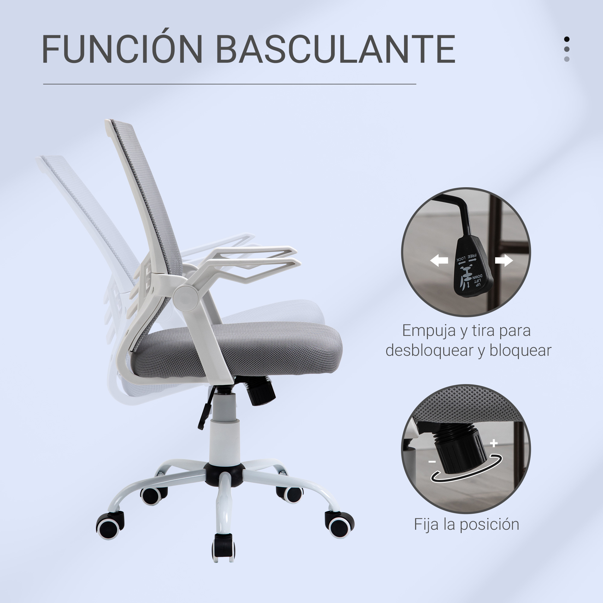 Silla de oficina blanca con respaldo y asiento de malla gris, base negra y ruedas. Tiene función basculante.