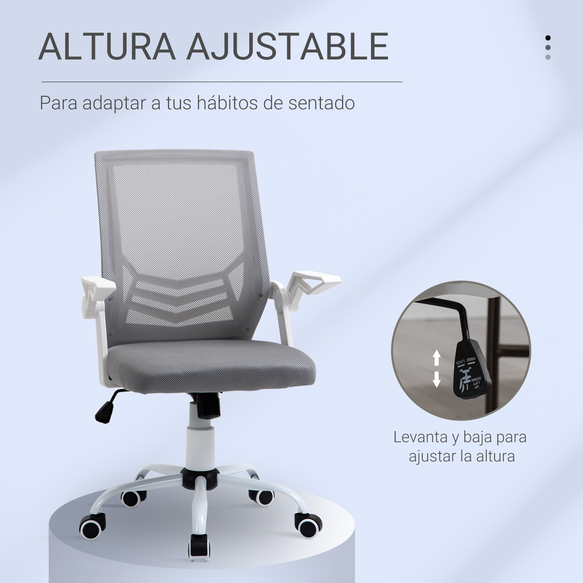 Silla de oficina blanca y gris con altura ajustable, fondo blanco.