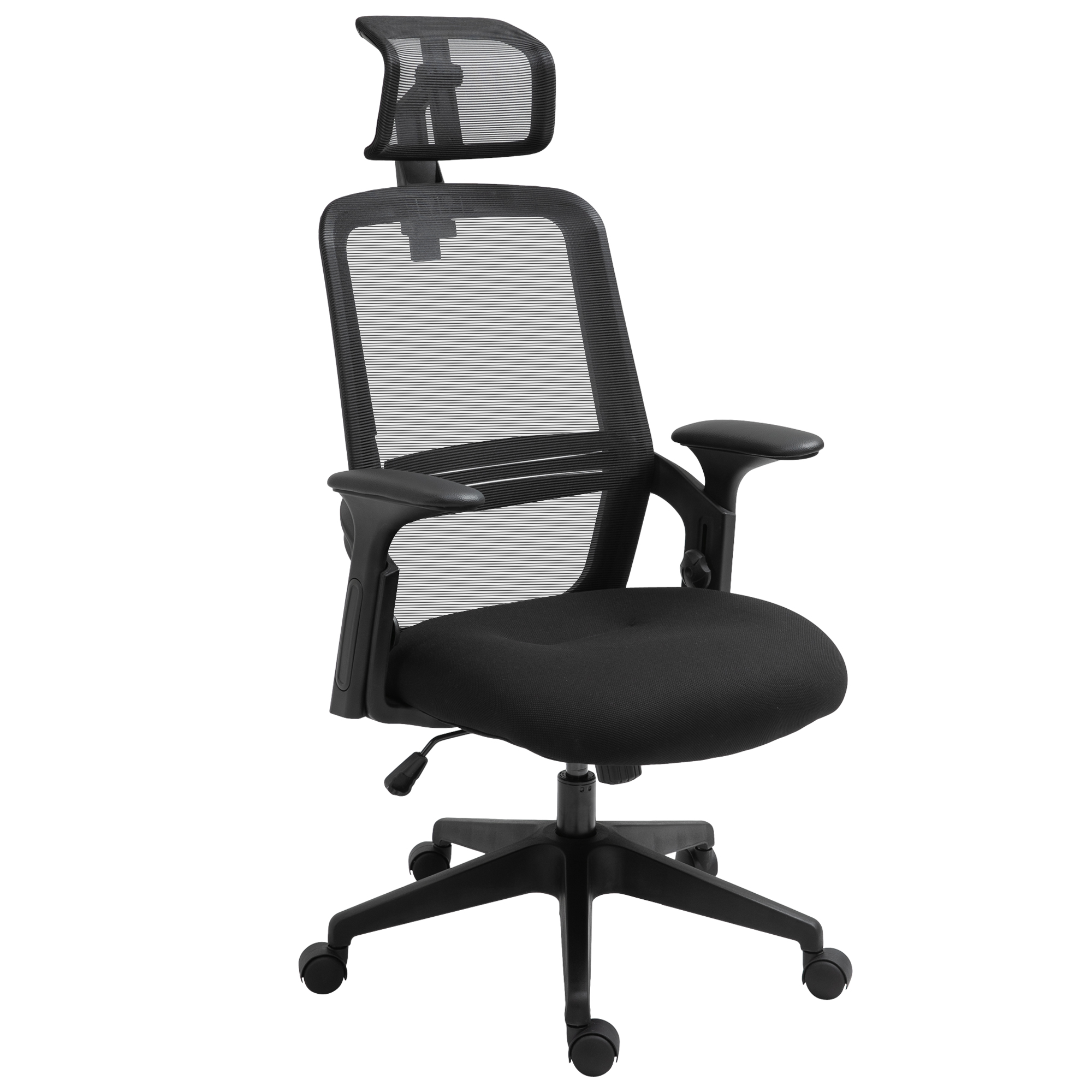 Silla de oficina ergonómica negra. Respaldo de malla, reposacabezas, reposabrazos y base de cinco ruedas.