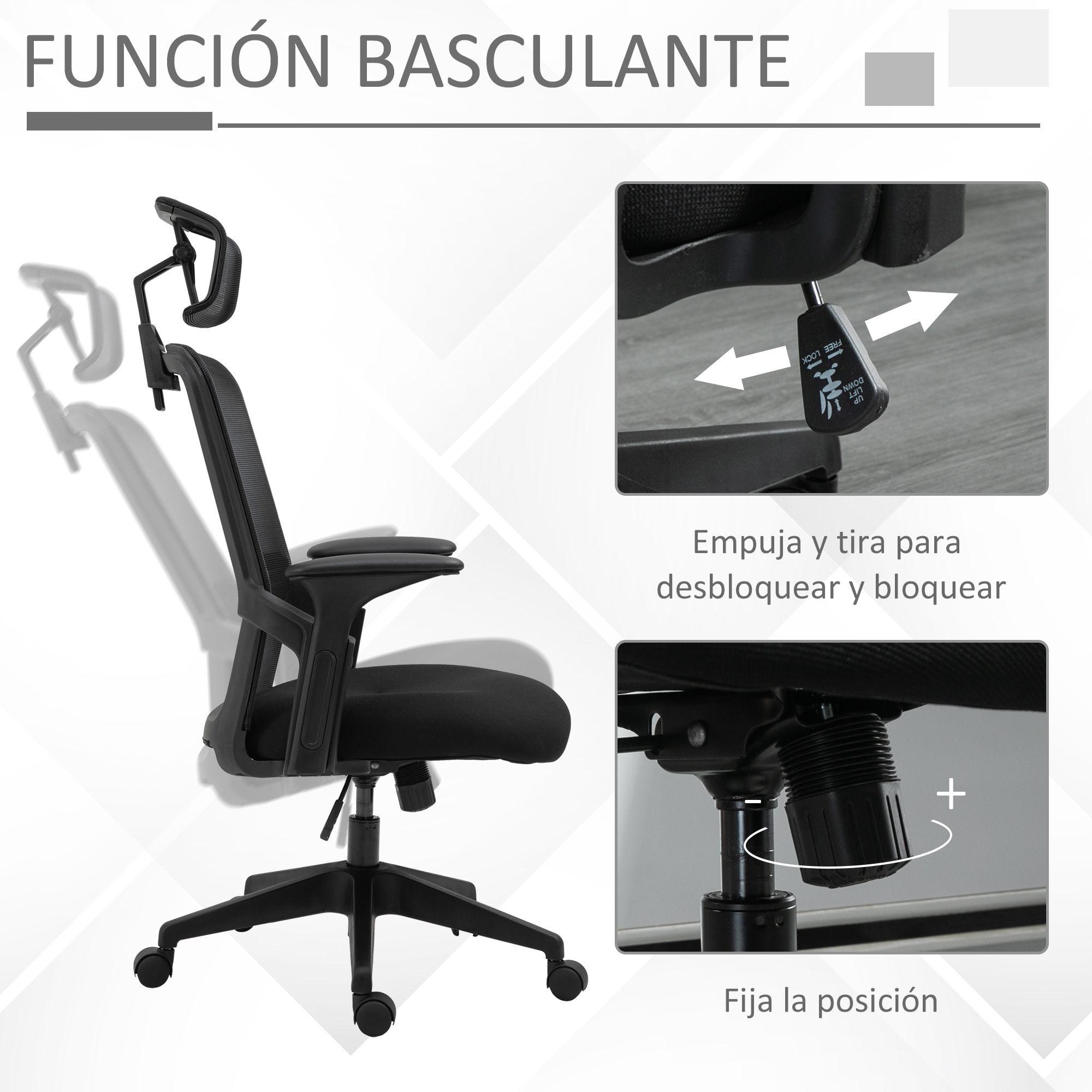 Silla de oficina negra con ajustes resaltados, fondo blanco.