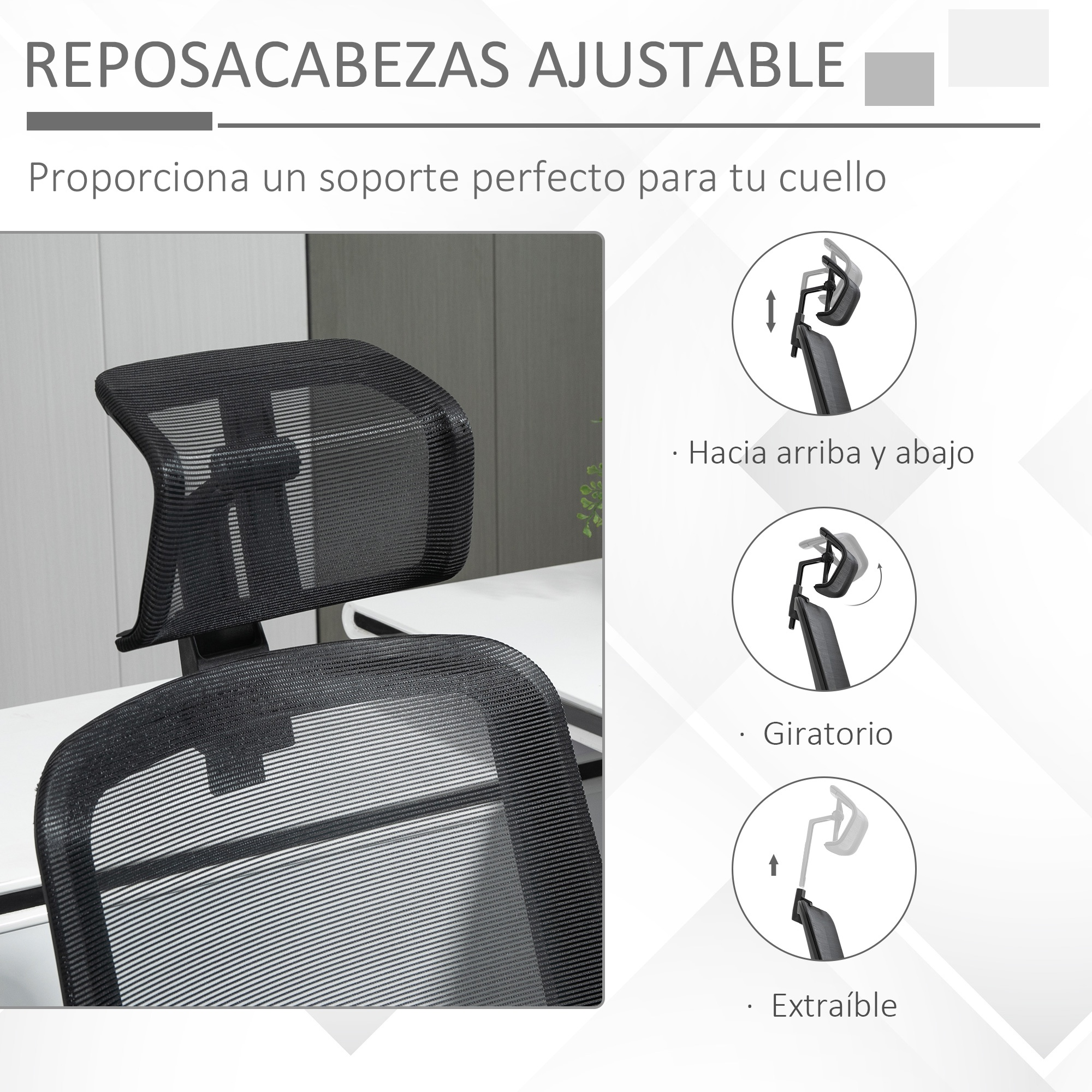 Diagrama de un reposacabezas ajustable. Muestra ajustes arriba/abajo, giratorio y extraíble.