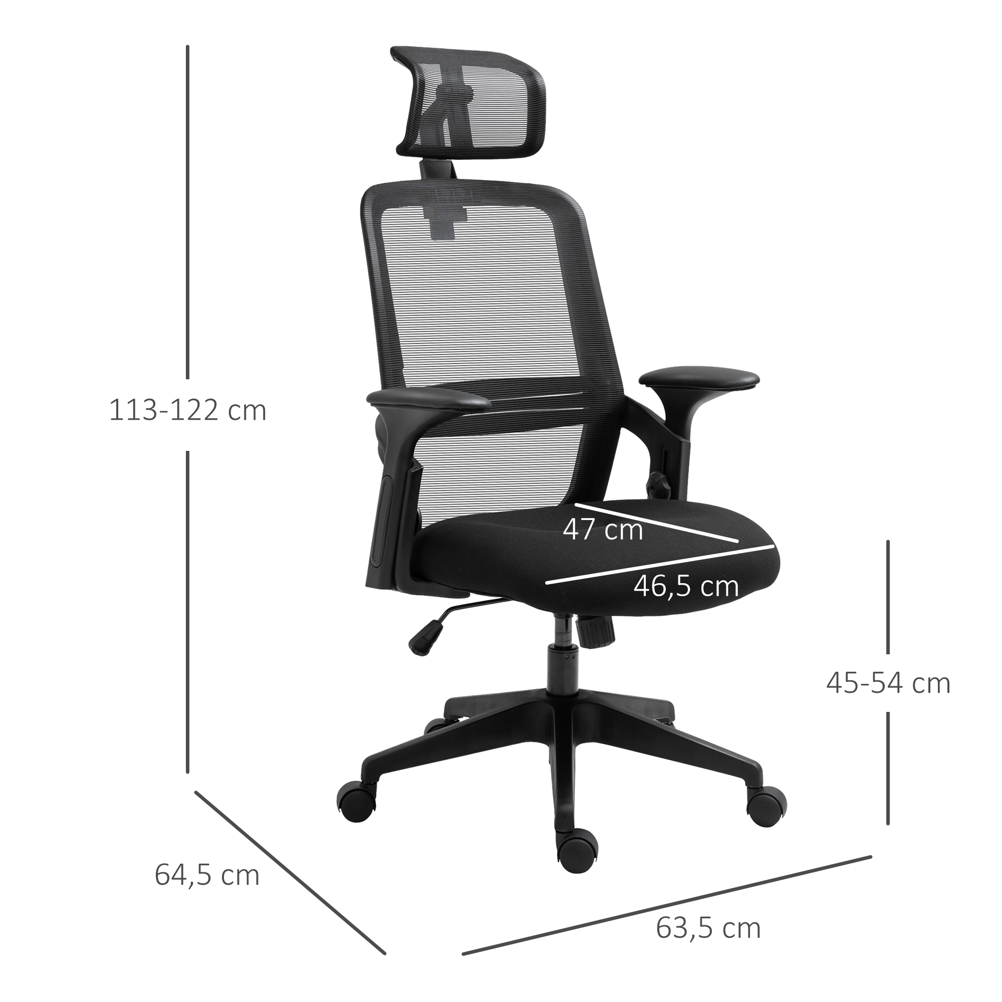 Una silla de oficina negra con dimensiones: medidas de altura, ancho y profundidad.