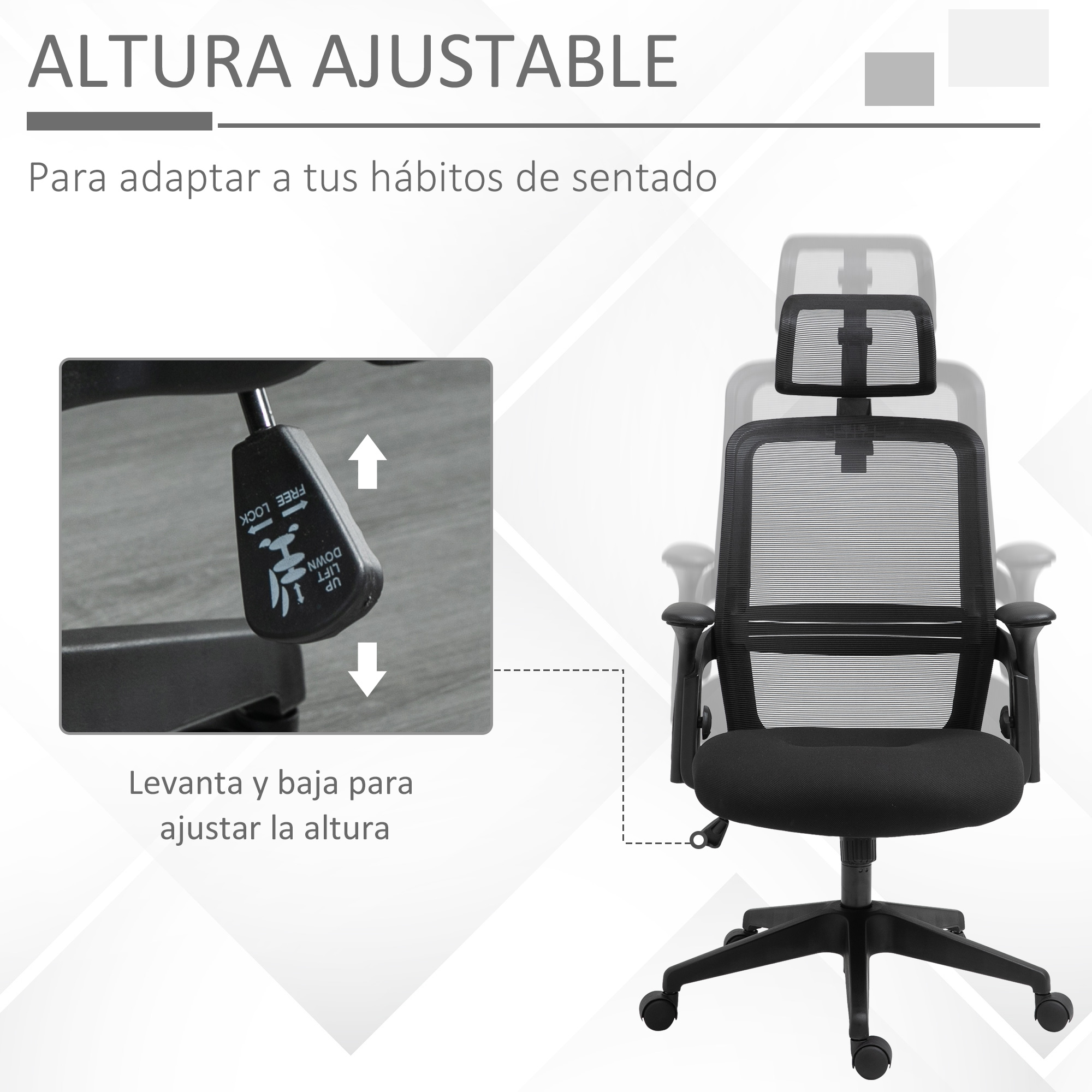 Diagrama de una silla de oficina negra. El texto dice 'Altura Ajustable' e instrucciones.