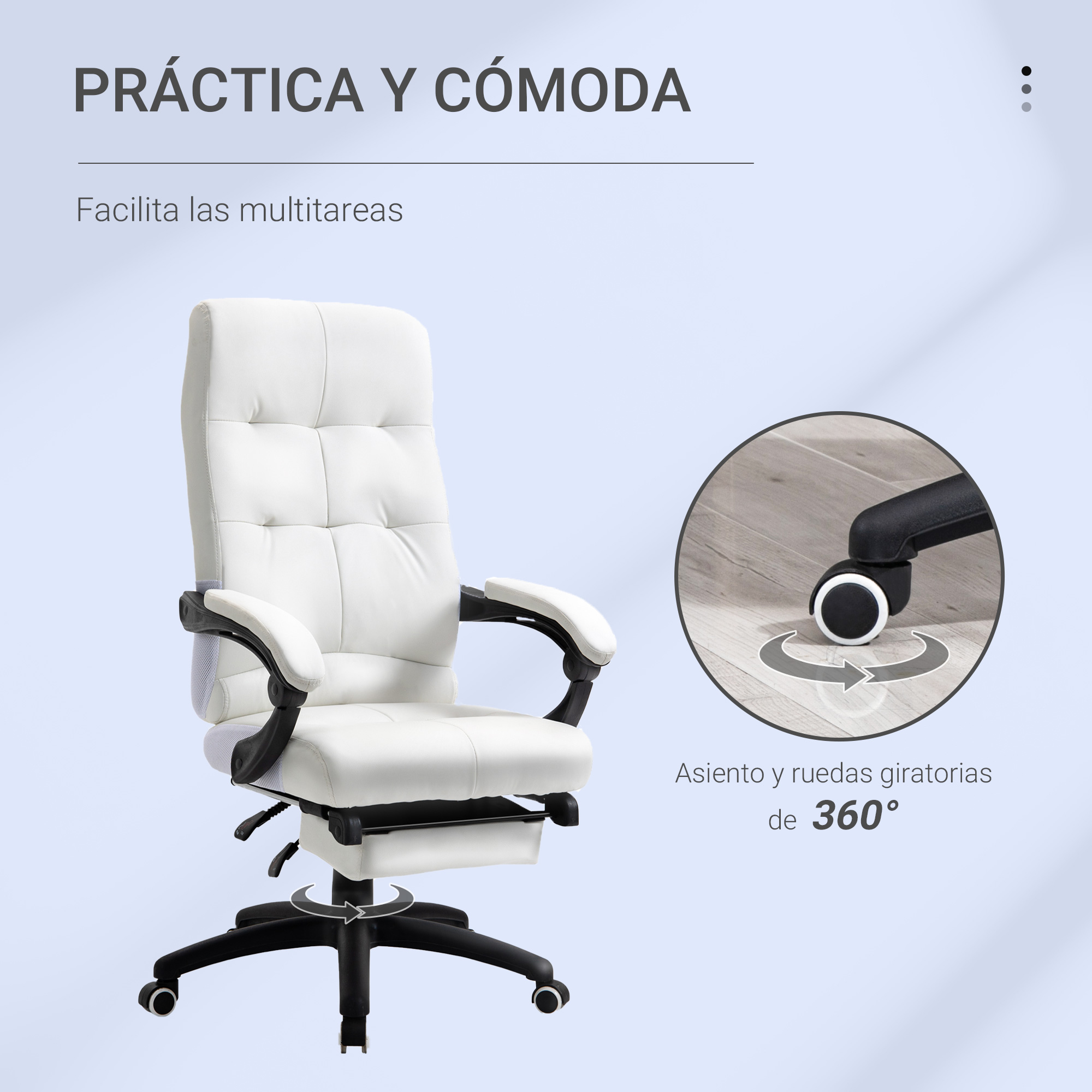 Silla de oficina ergonómica blanca con reposapiés y base giratoria de 360 grados sobre fondo azul claro.