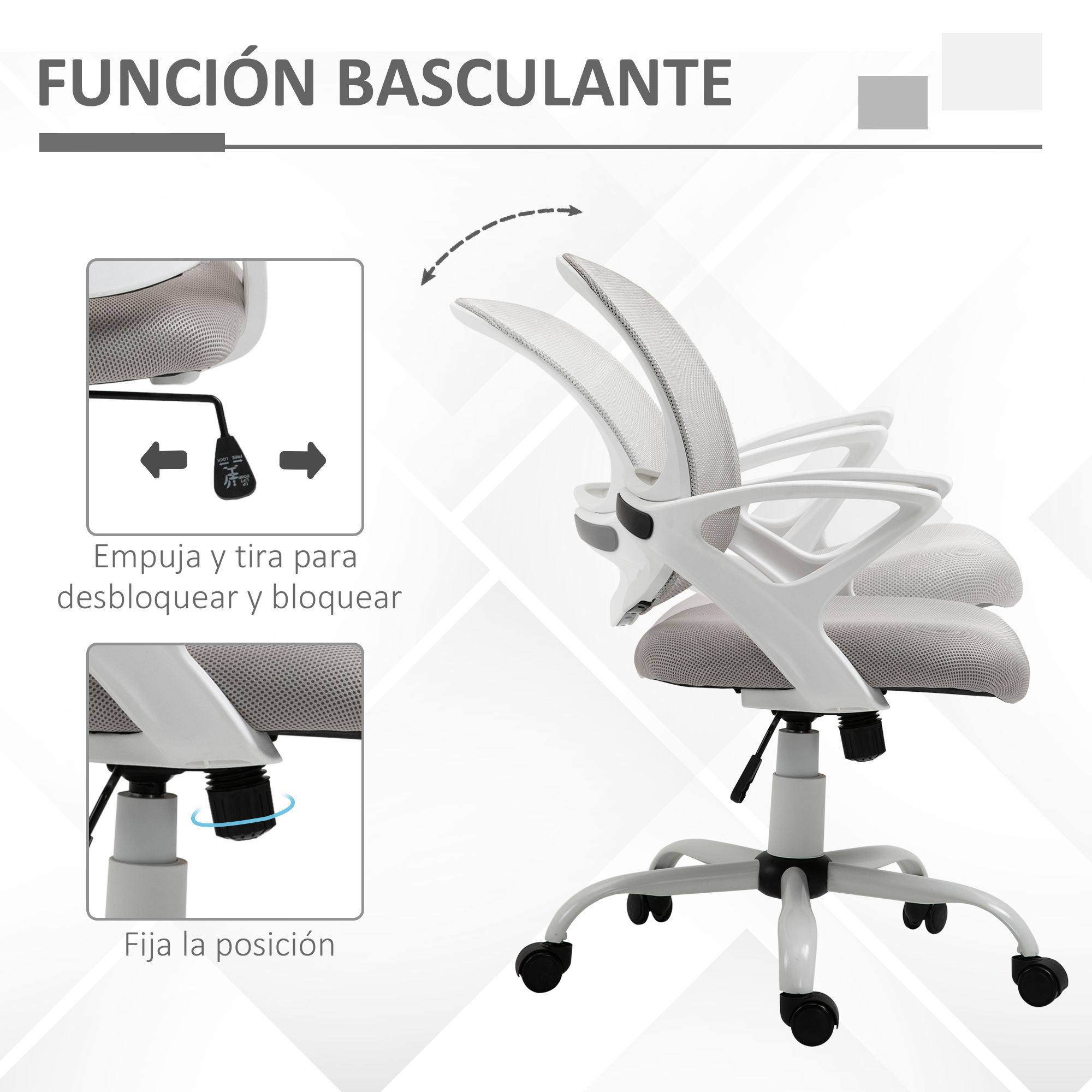Silla de oficina blanca con función reclinable. Las instrucciones muestran cómo desbloquear y ajustar.
