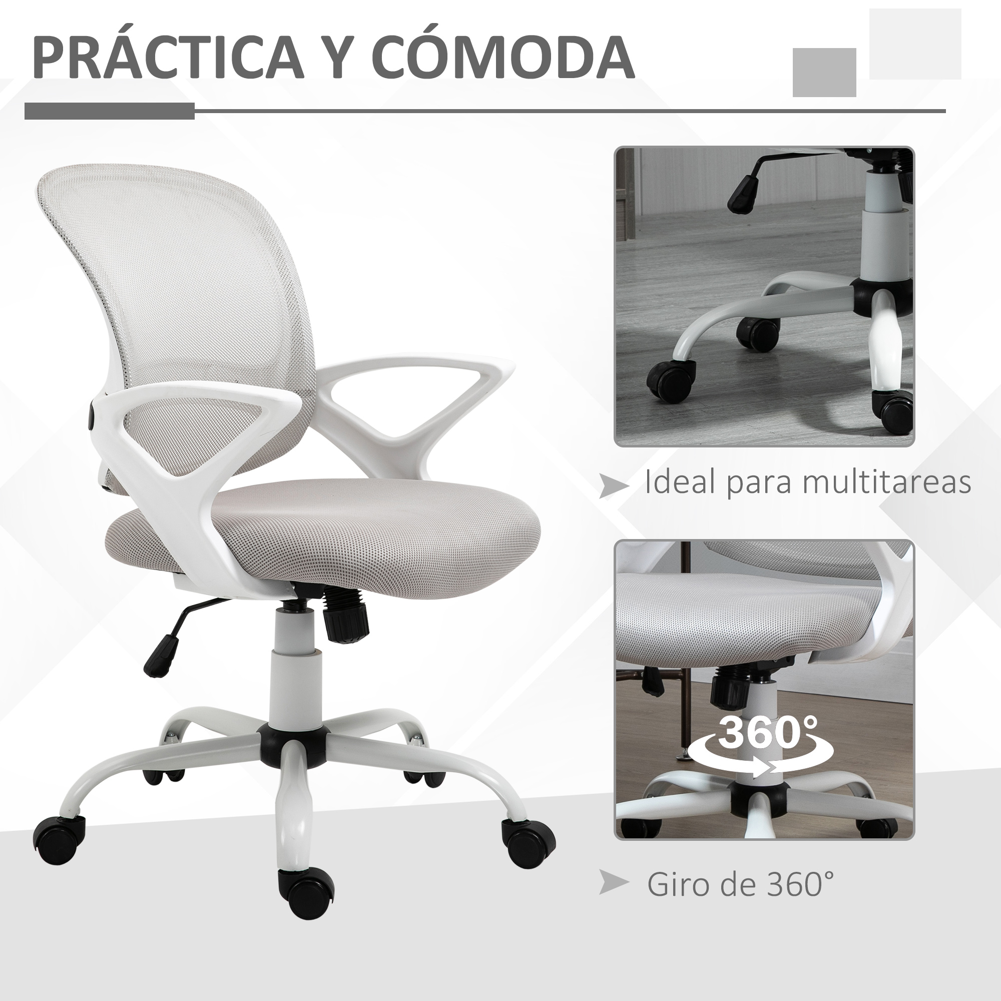 Silla de oficina blanca. Texto indica que es práctica, cómoda, ideal para multitareas y gira 360°.