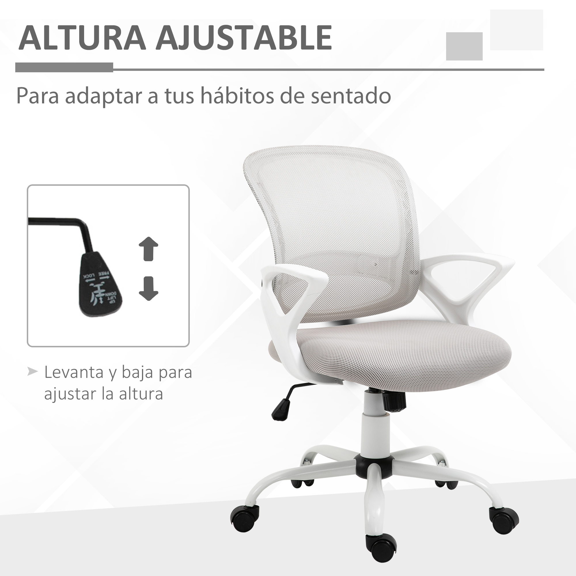Silla de oficina blanca con altura ajustable. Tiene brazos blancos, asiento y respaldo grises y ruedas negras.