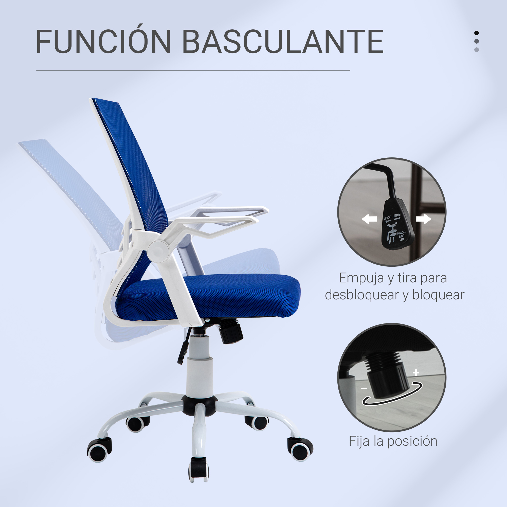 Silla de oficina azul y blanca, diagrama de función de inclinación, primeros planos.