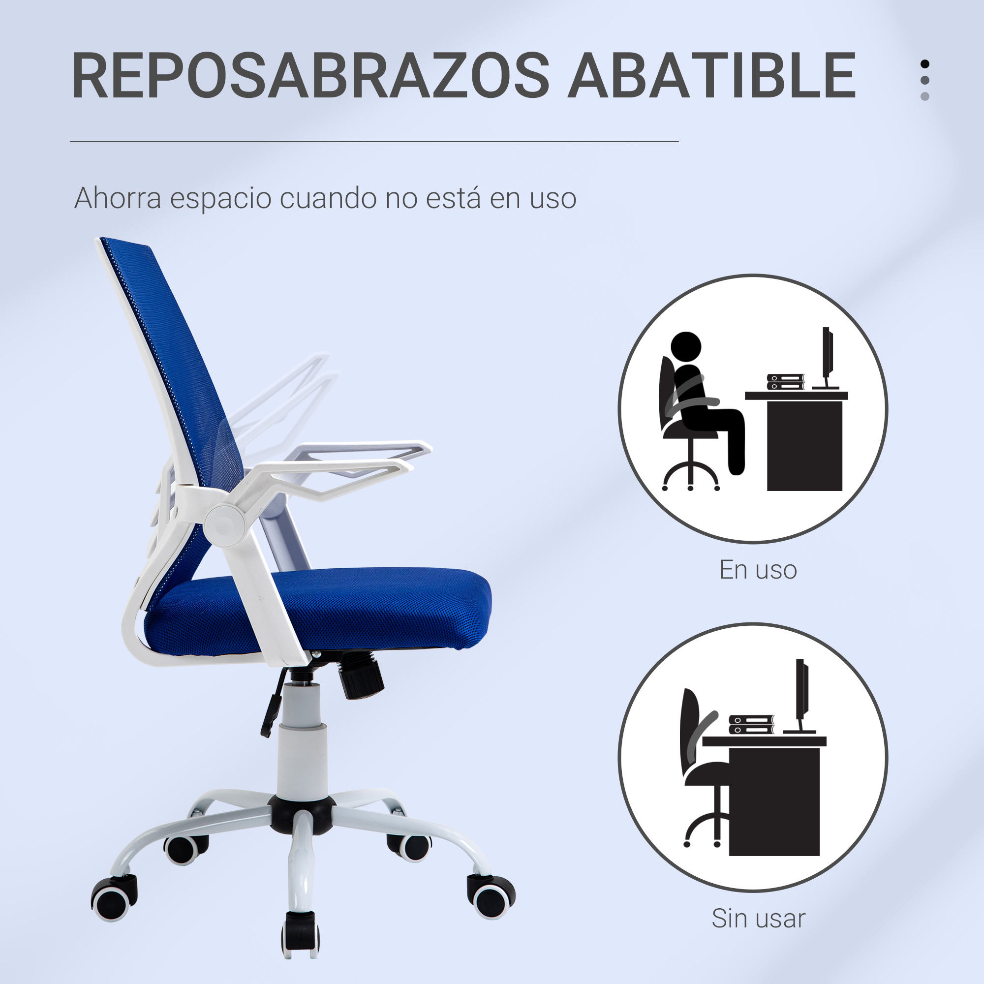 Una silla de oficina azul con reposabrazos plegables. Los diagramas muestran 