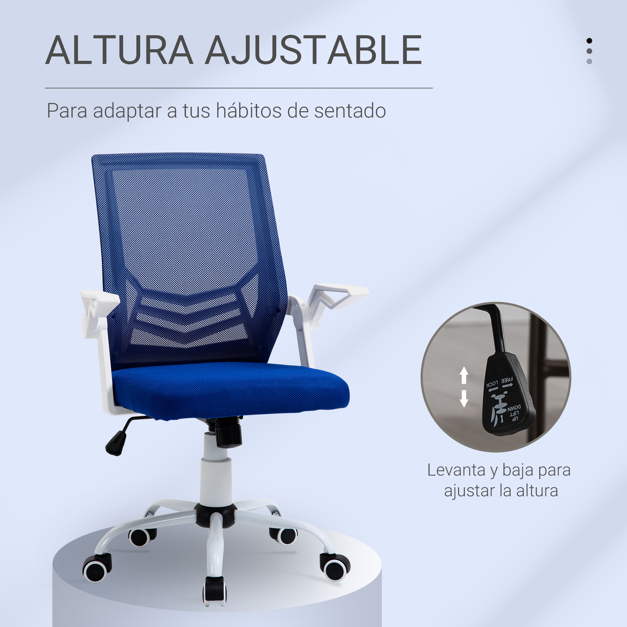 Silla de oficina de malla azul con marco blanco. Tiene altura ajustable, mostrada con un diagrama.