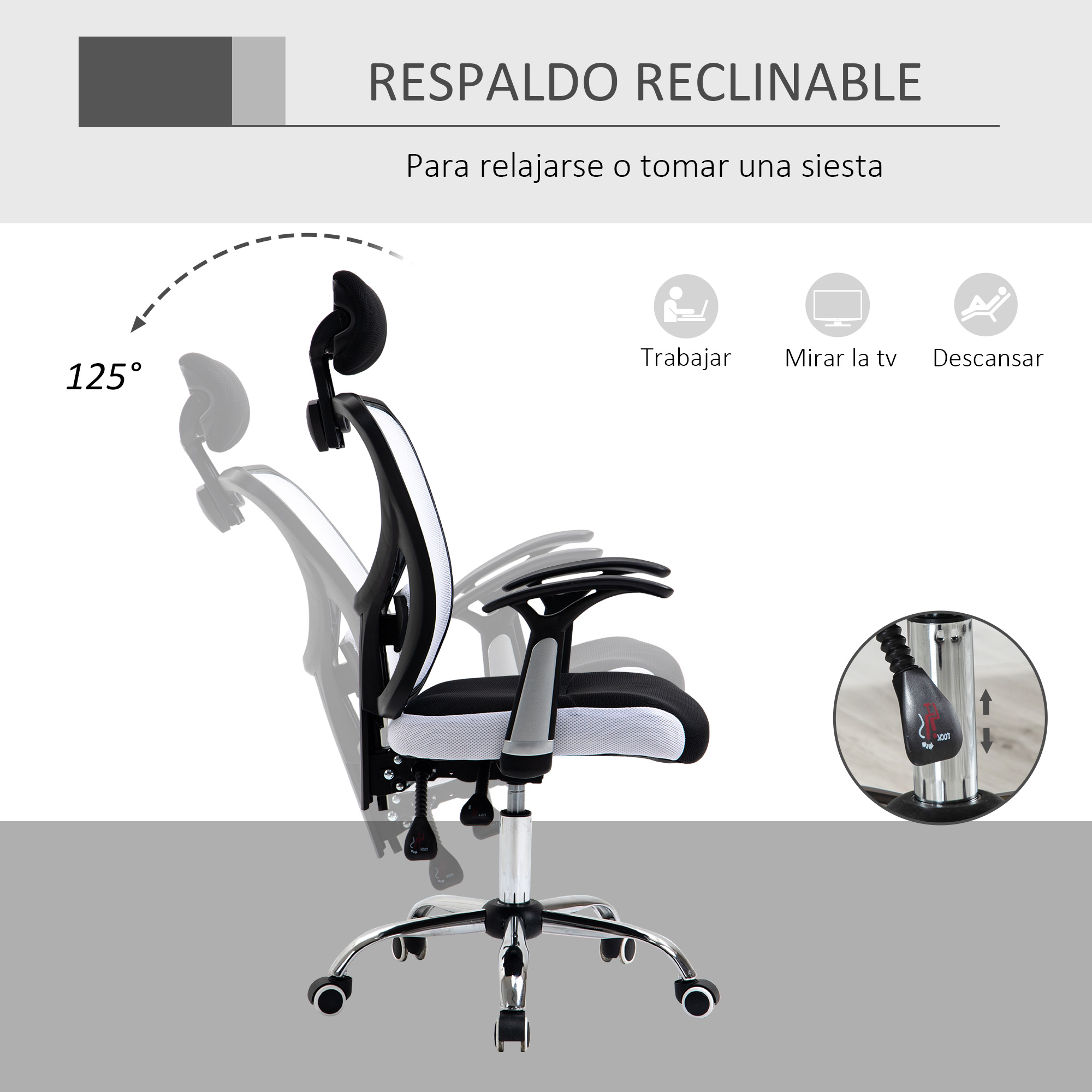 Silla de oficina con respaldo reclinable. El diagrama muestra el ajuste. El texto describe la reclinación.