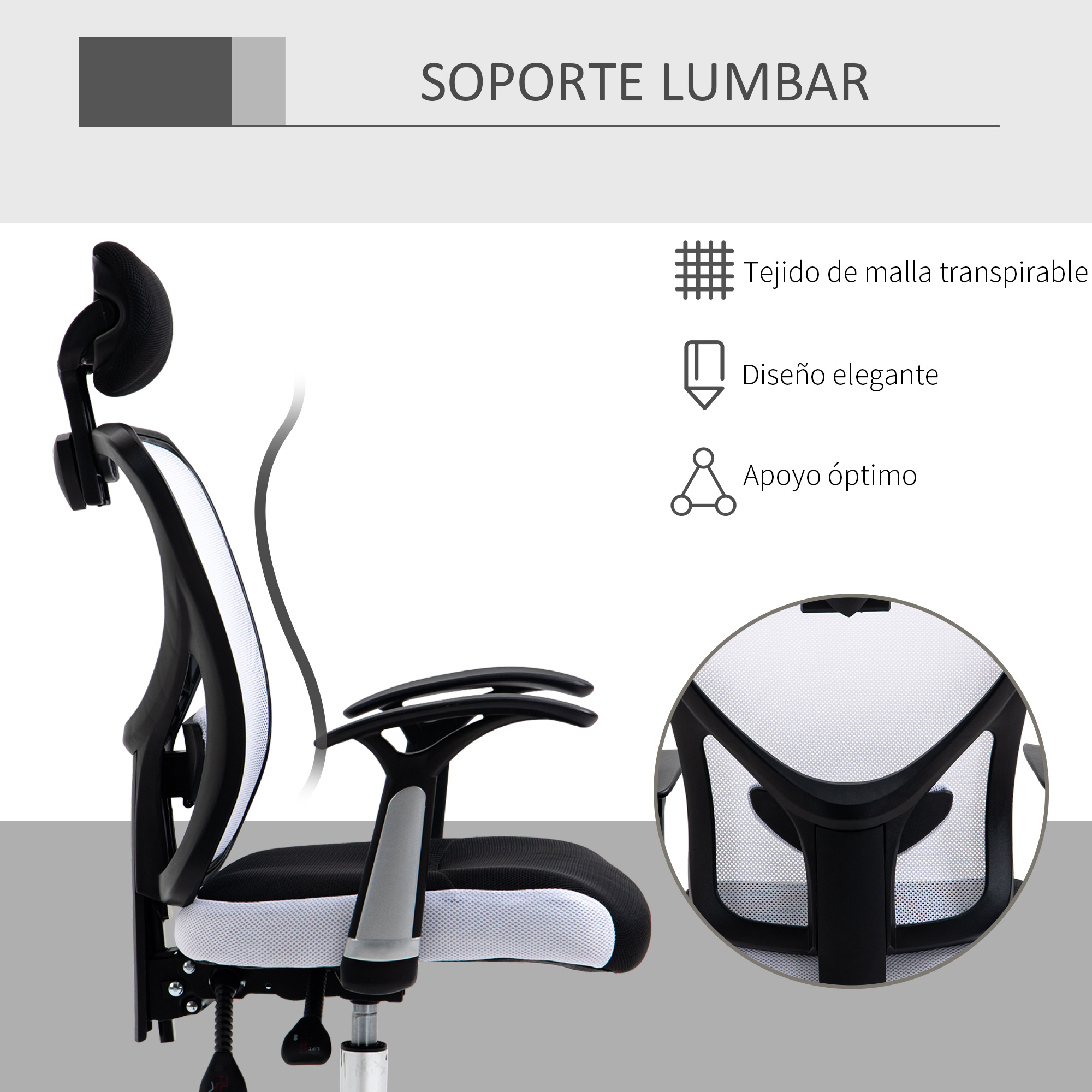 Primer plano de una silla de oficina en blanco y negro. Detalles: respaldo de malla, reposacabezas ajustable y reposabrazos.