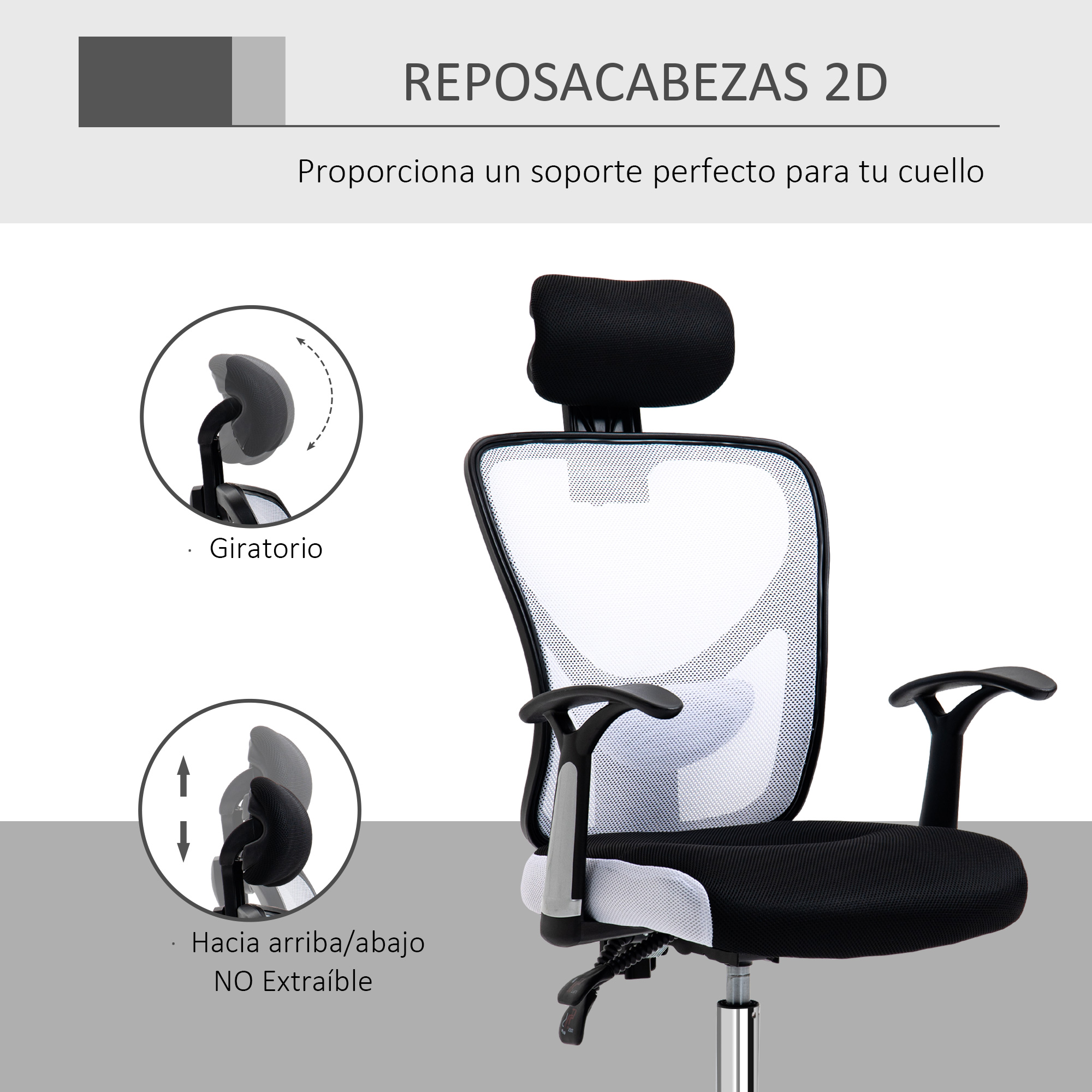 Silla de oficina en blanco y negro con reposacabezas y reposabrazos, con diagramas que ilustran las funciones.