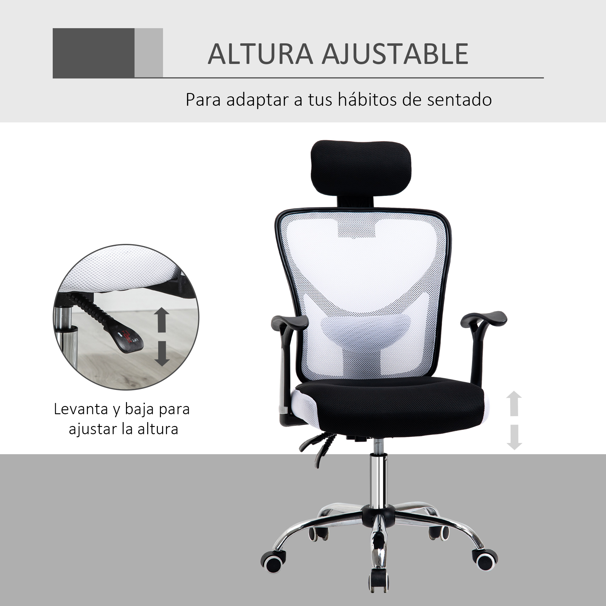 Una silla de oficina con respaldo de malla y función de altura ajustable. La silla es negra y plateada.