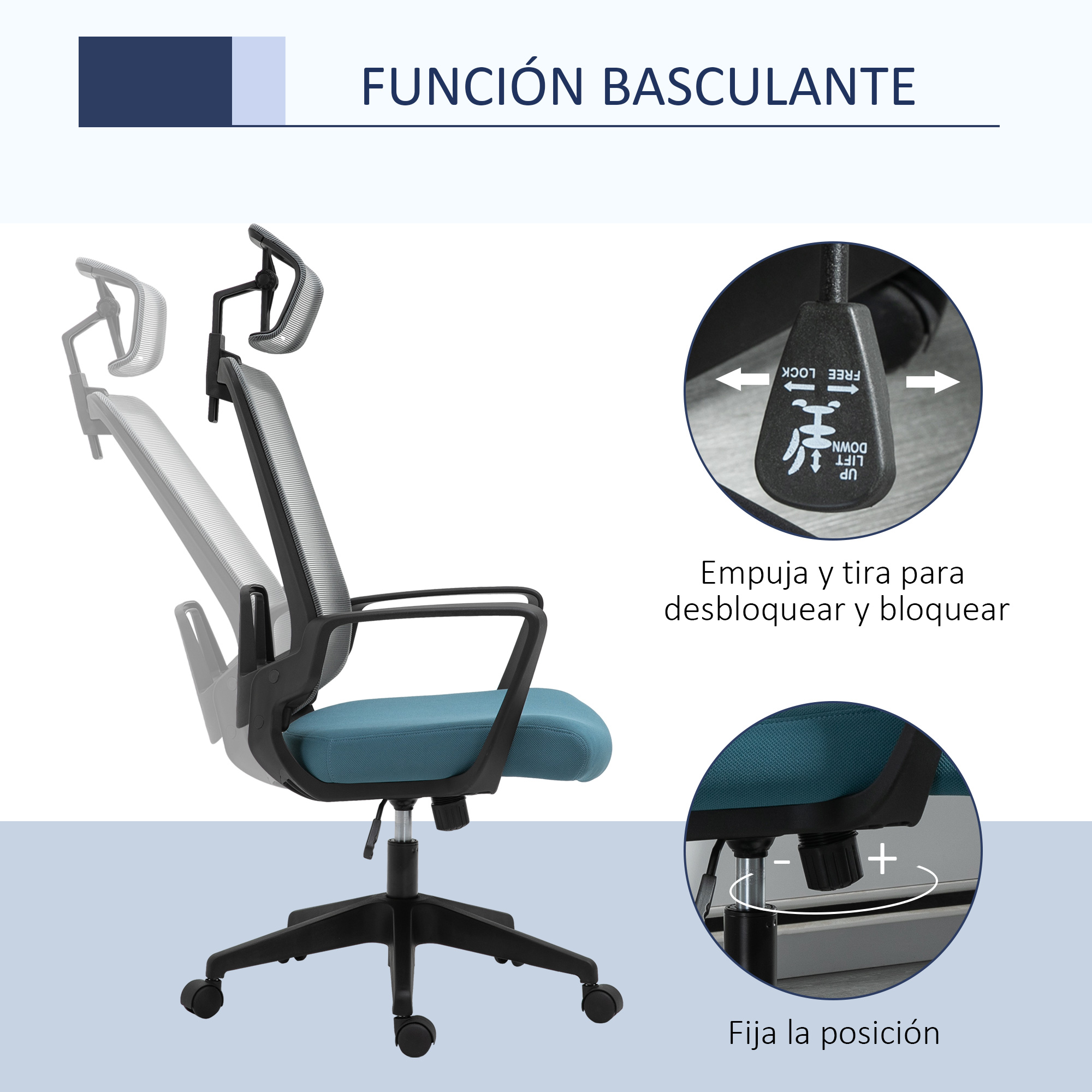 Una silla con asiento azul, con texto en español sobre la función reclinable. Aislada sobre blanco.
