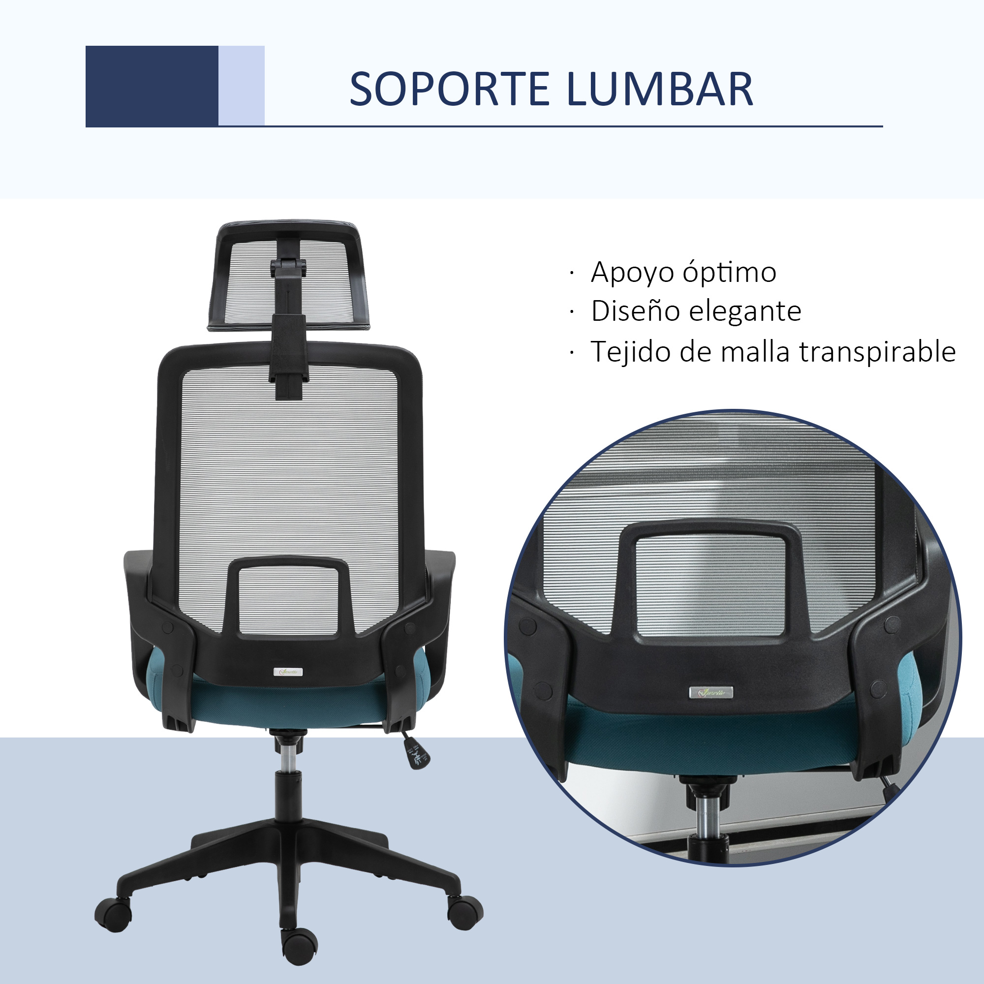 Silla de oficina con soporte lumbar. Tiene respaldo de malla y es turquesa en la parte inferior.