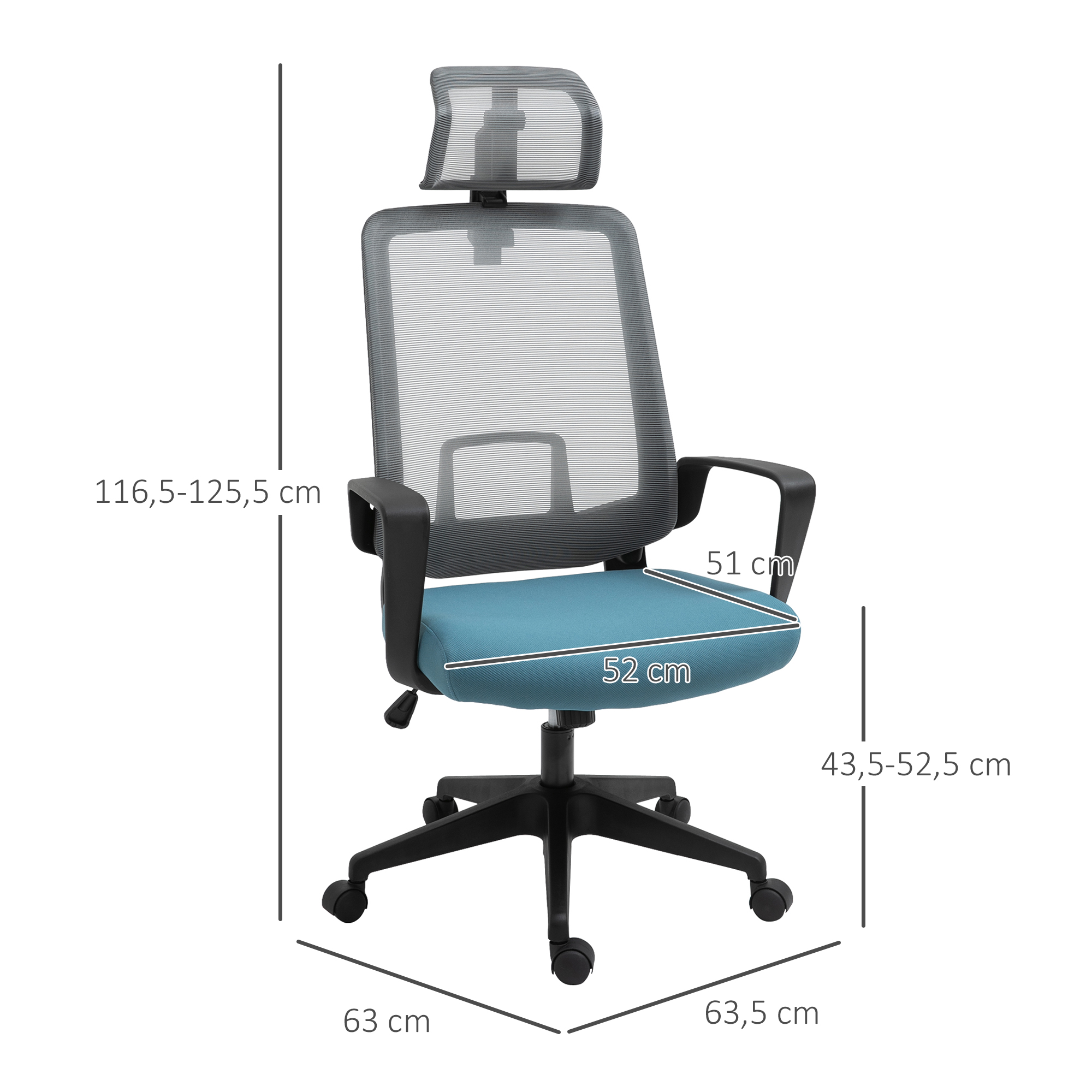 Silla de oficina con dimensiones mostradas. Gris, azul y negro. Fondo blanco.