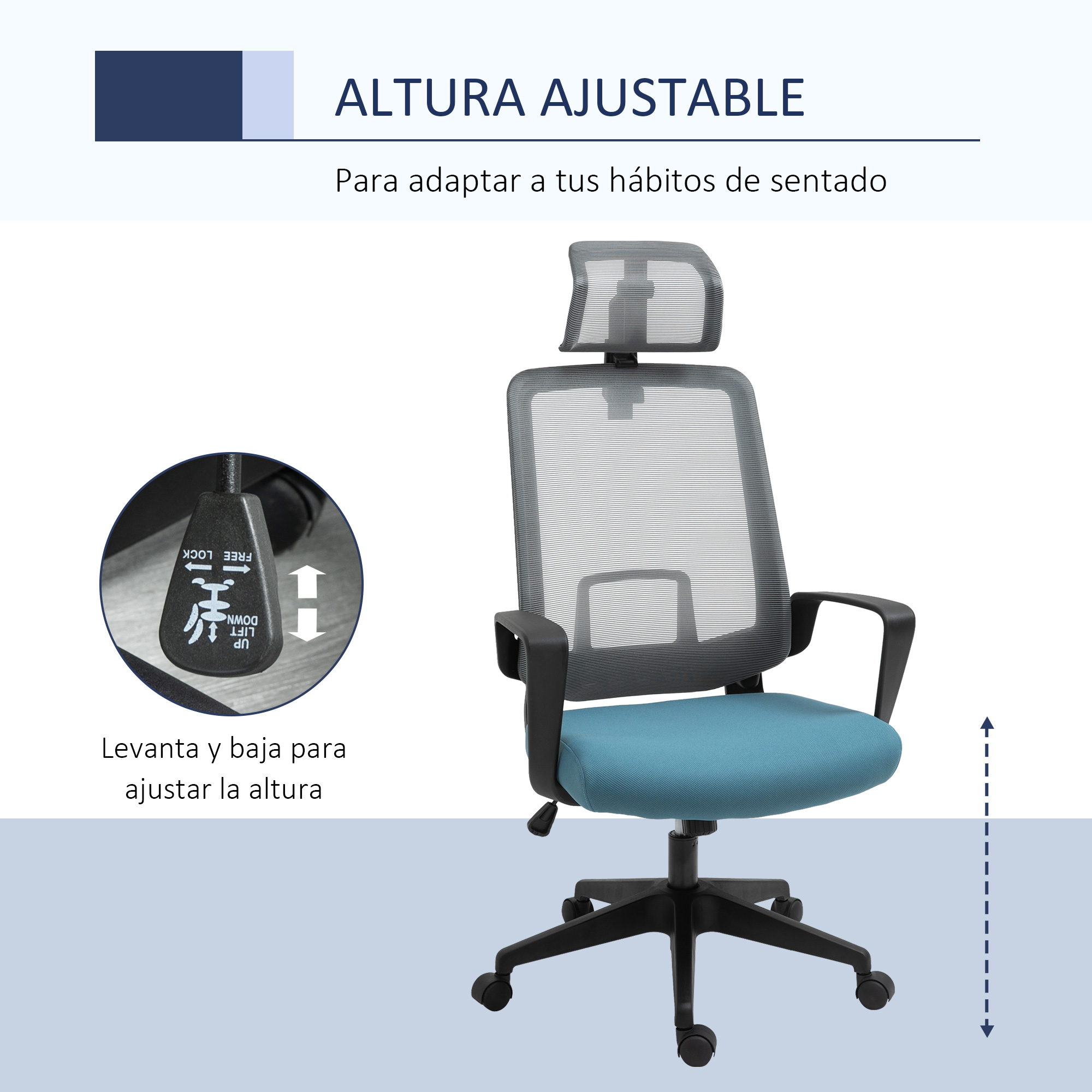 Silla de oficina negra con asiento azul y altura ajustable, fondo blanco.