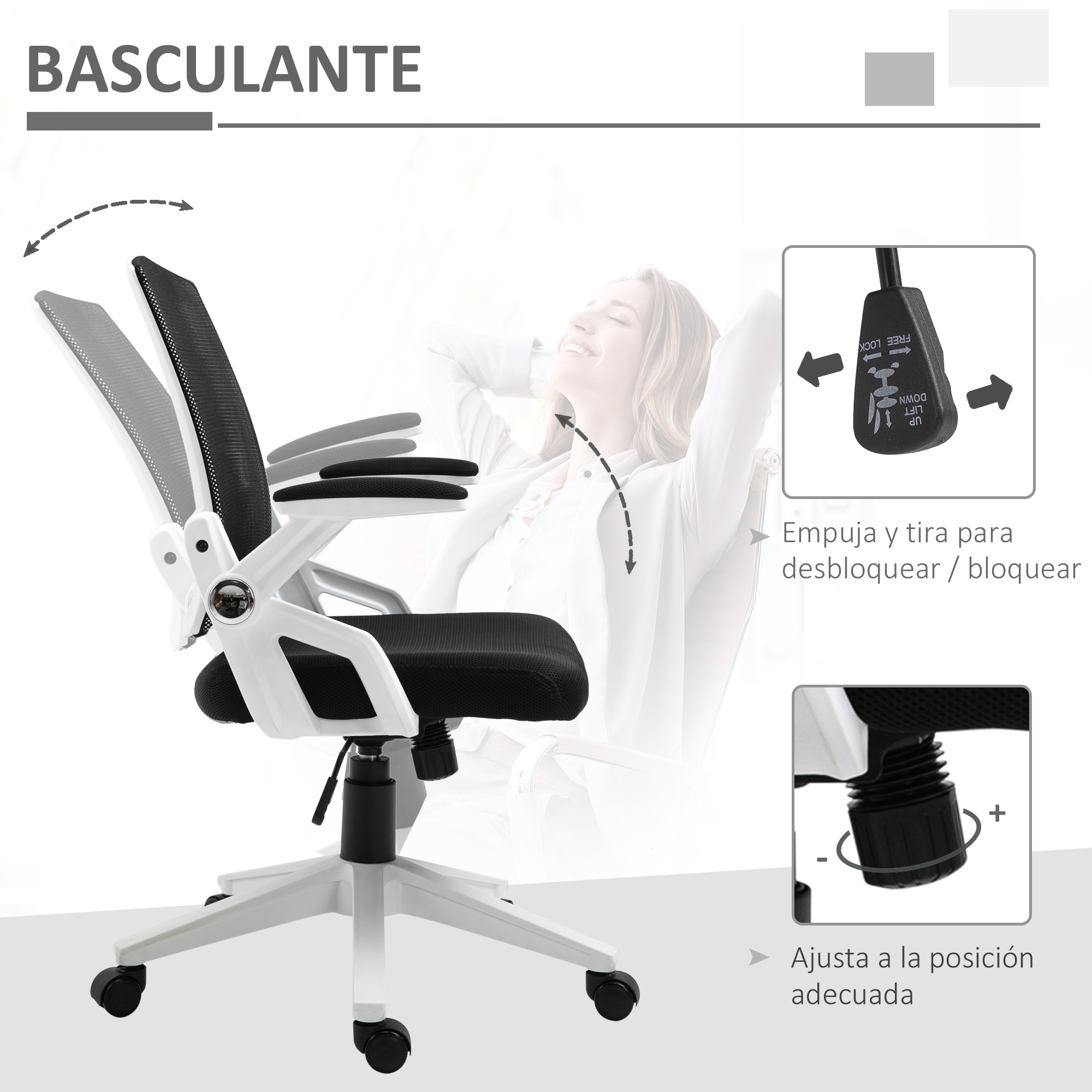 Silla de oficina blanca y negra con texto 'BASCULANTE' y diagramas de funciones.