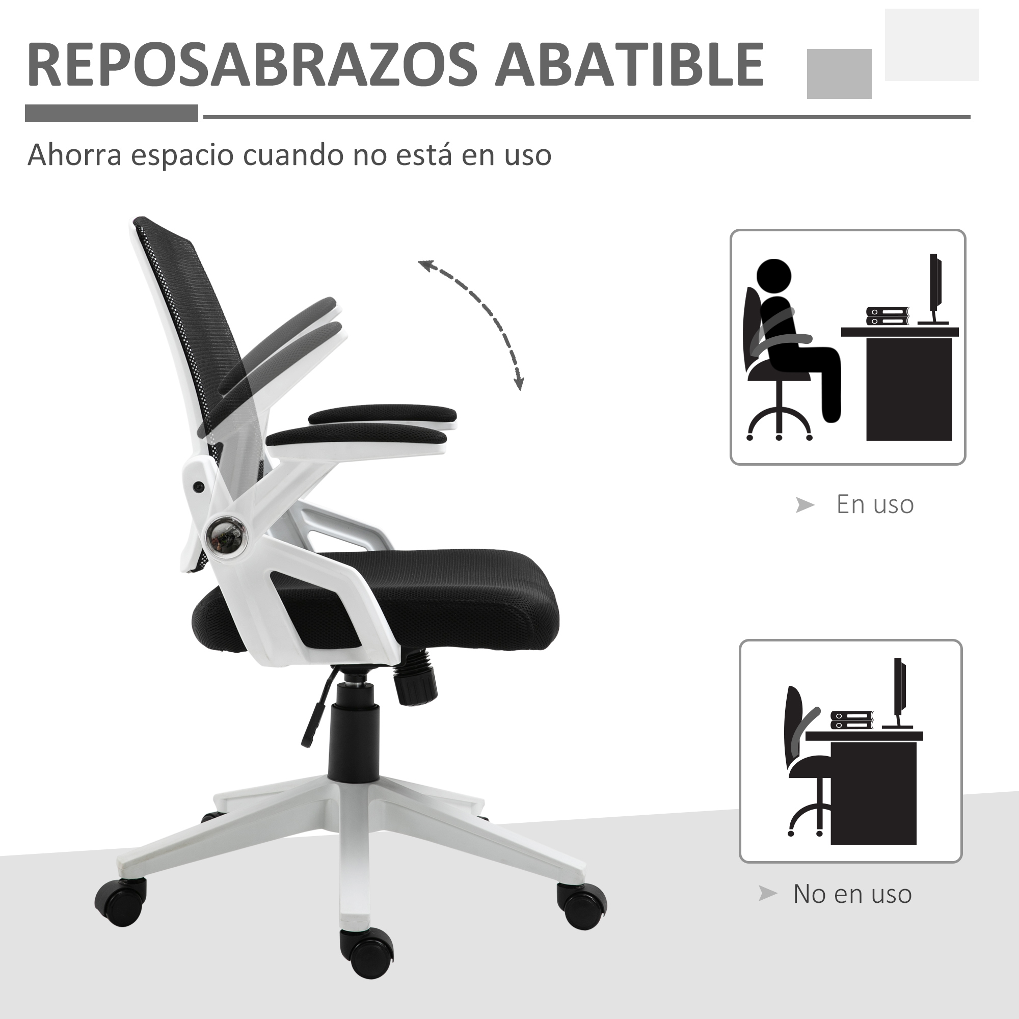 Una silla de oficina blanca con reposabrazos plegables, mostrando uso y almacenamiento.