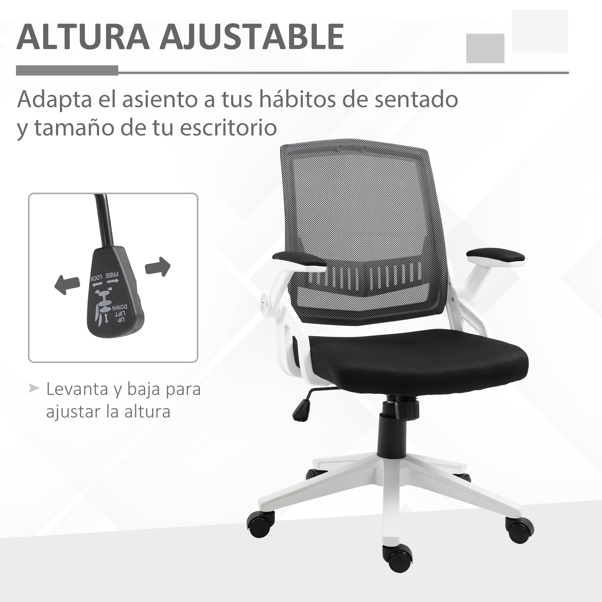 Silla de oficina blanca y negra. Diagrama de altura ajustable. Fondo blanco.