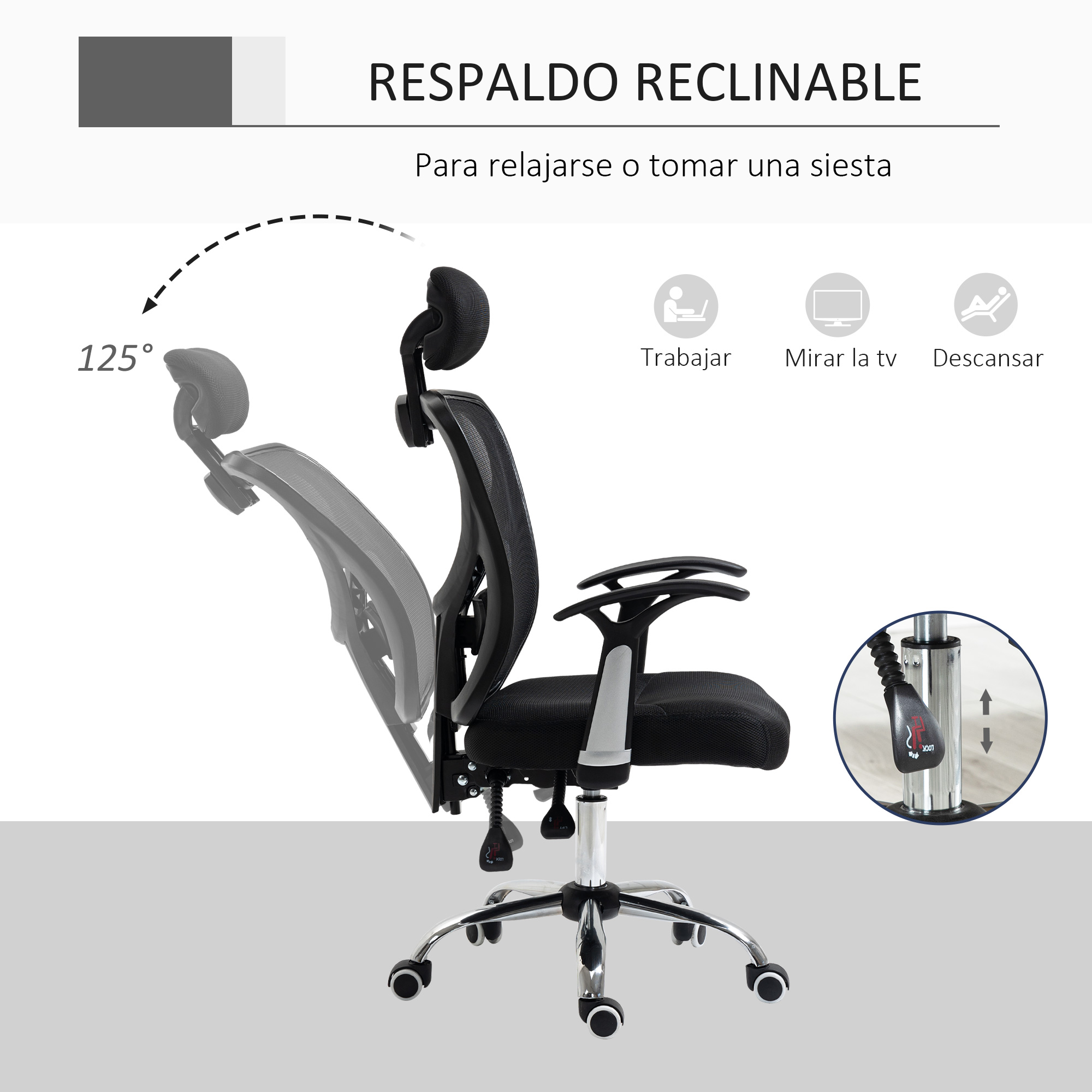 Silla de oficina negra con respaldo reclinable. La silla tiene respaldo y asiento negros, base y ruedas cromadas.