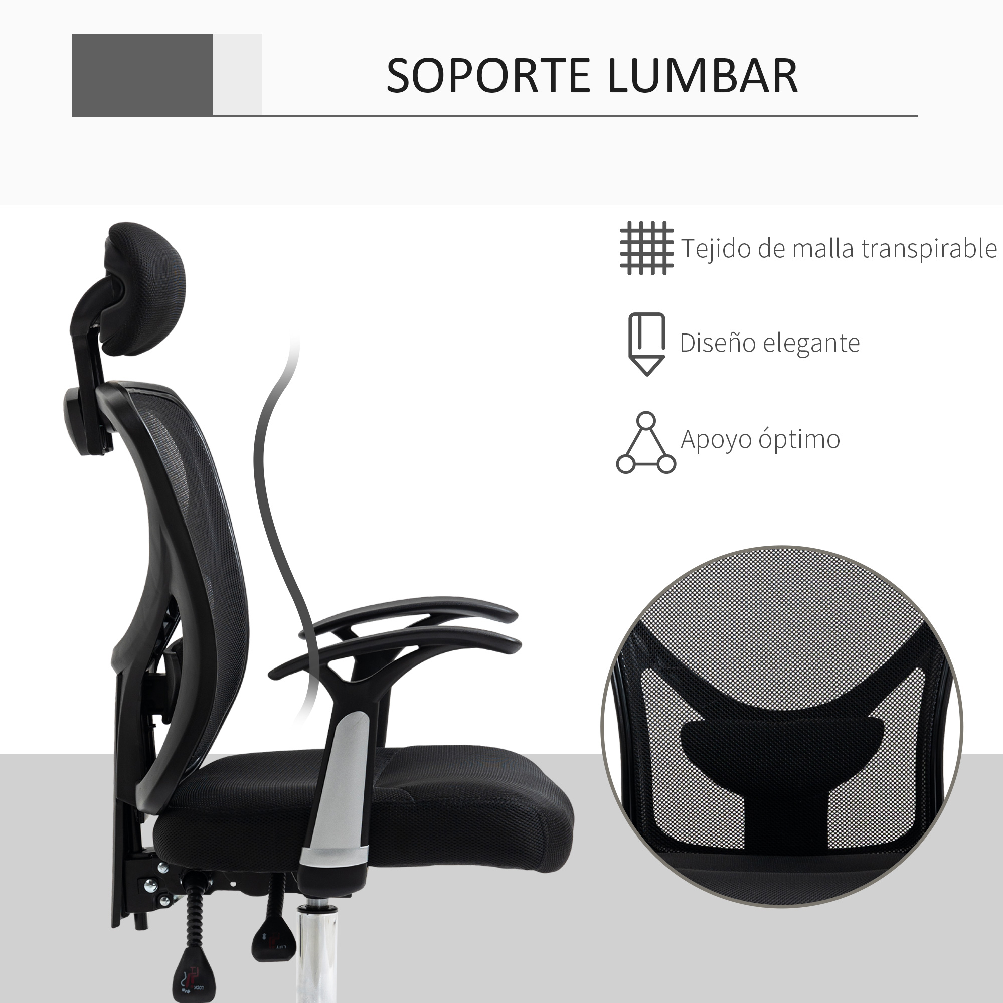 Silla de oficina negra de malla con reposacabezas, reposabrazos y asiento negro.
