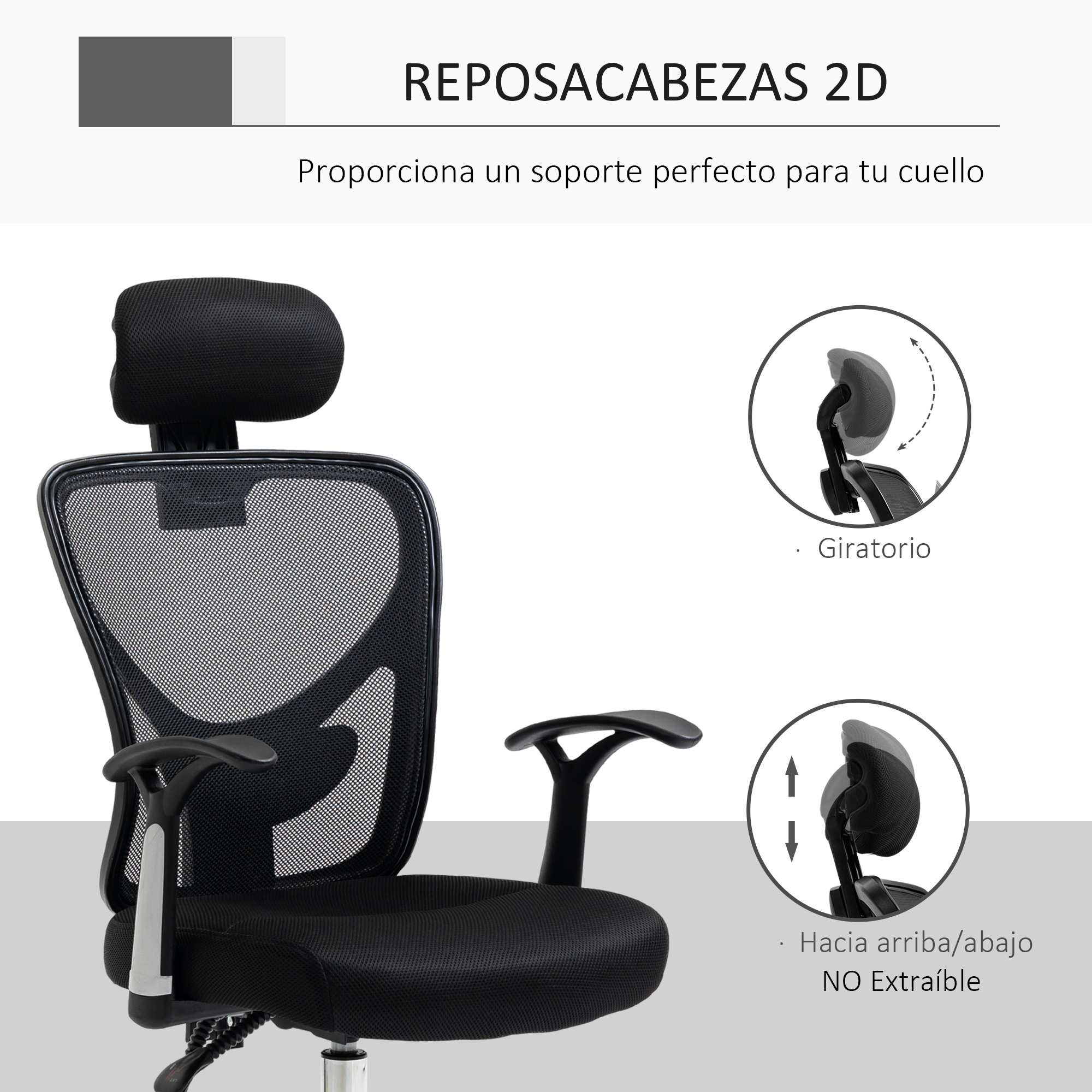 Silla de oficina ergonómica de malla negra con reposacabezas, respaldo y reposabrazos ajustables.