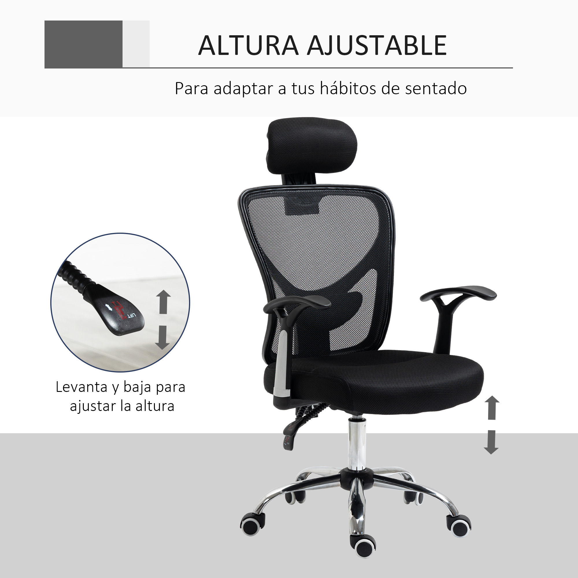 Una silla de oficina con respaldo de malla y función de altura ajustable. La silla es negra y plateada.