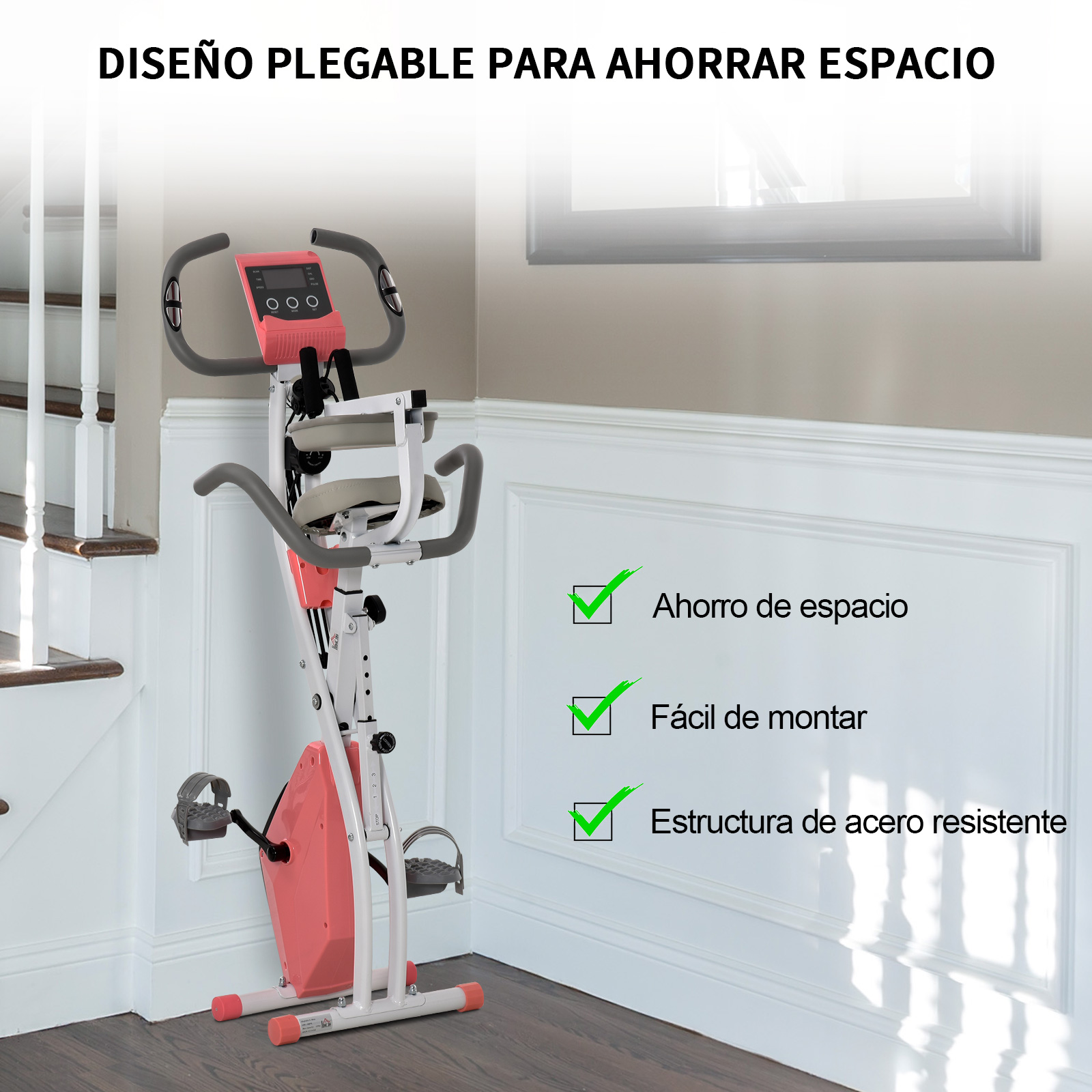 Bicicleta estática plegable roja y blanca con texto sobre ahorro de espacio y fácil montaje.