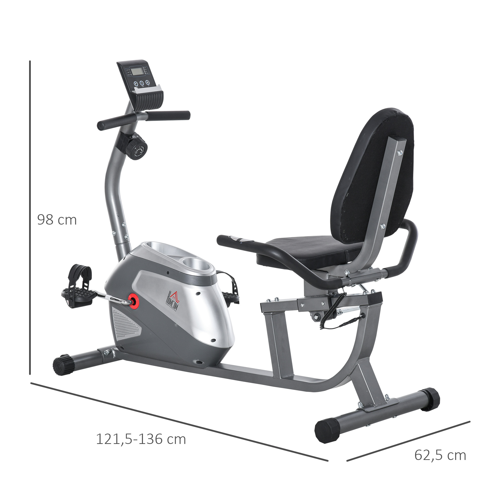 Bicicleta estática reclinada con medidas. La bicicleta es gris y negra. Muestra 98 cm y 121,5-136 cm.