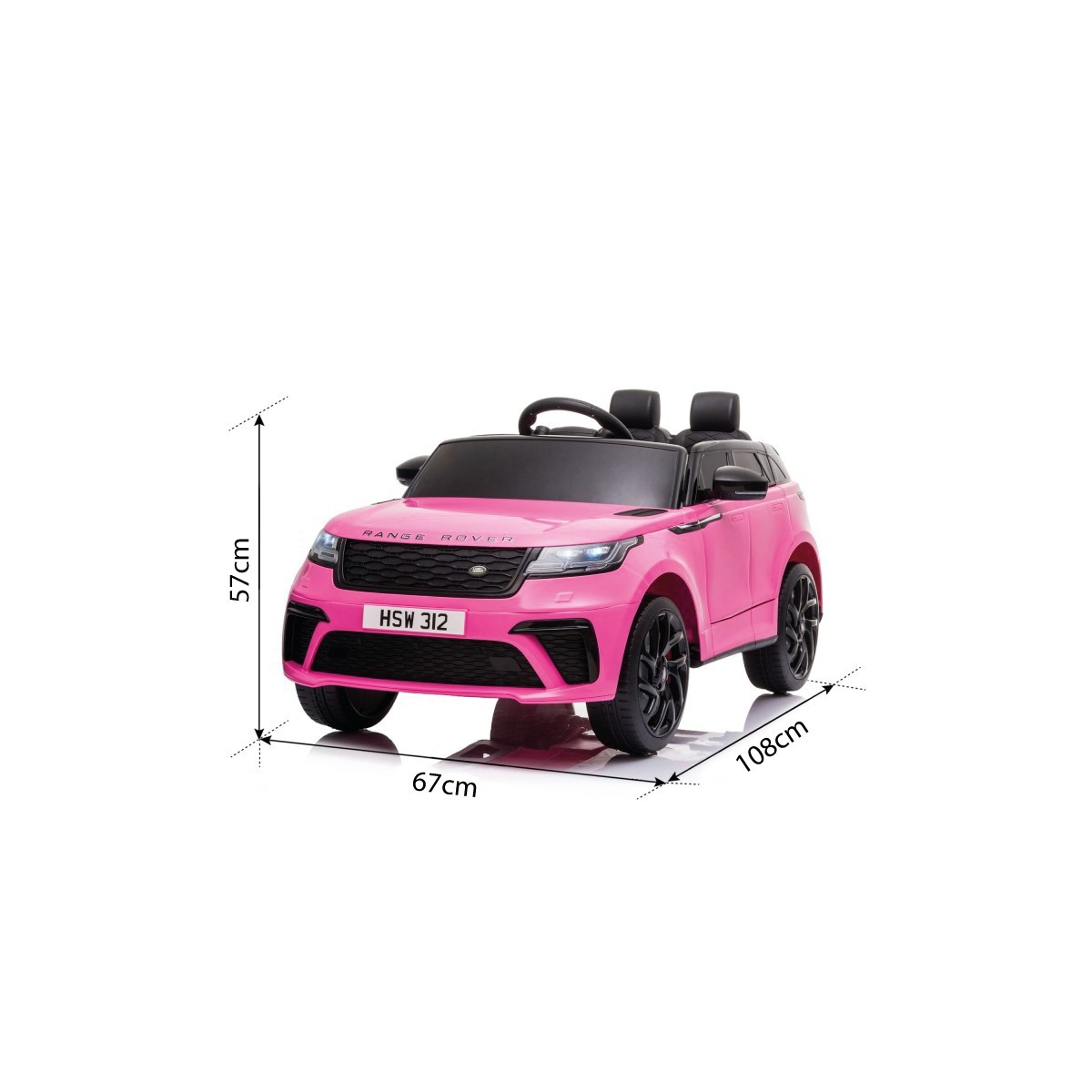 Coche de juguete rosa con dimensiones: 57cm, 67cm, 108cm. El coche tiene un logo de Range Rover.