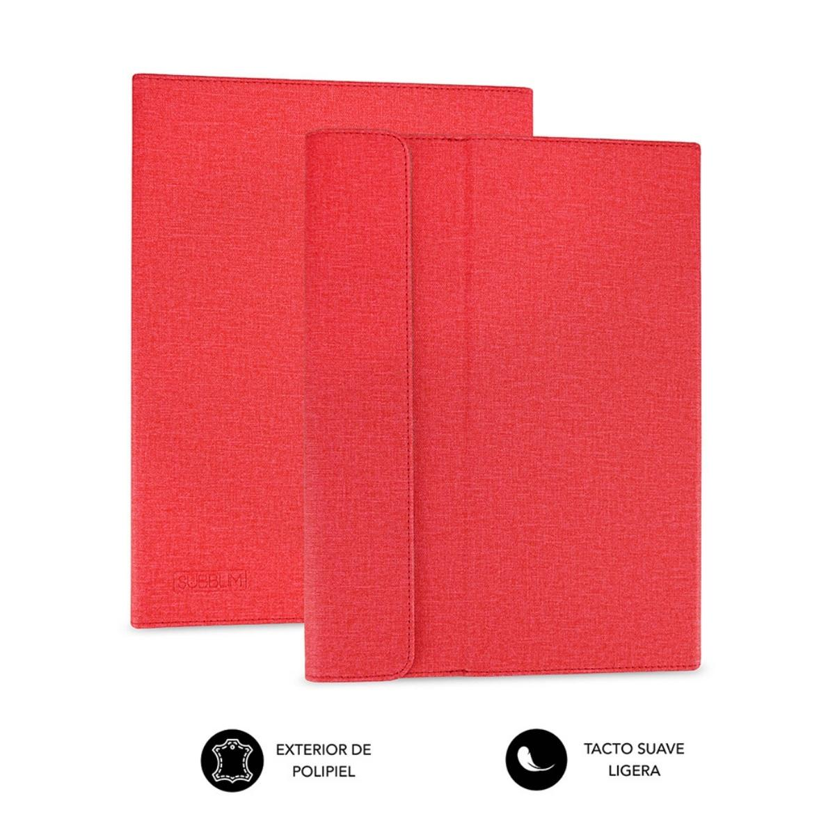Dos fundas rojas para tabletas con las palabras 'exterior de polipiel' y 'tacto suave ligera'.