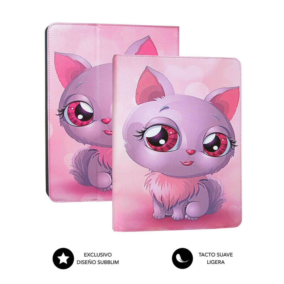 Dos fundas de tableta rosas con un diseño de gato de dibujos animados.