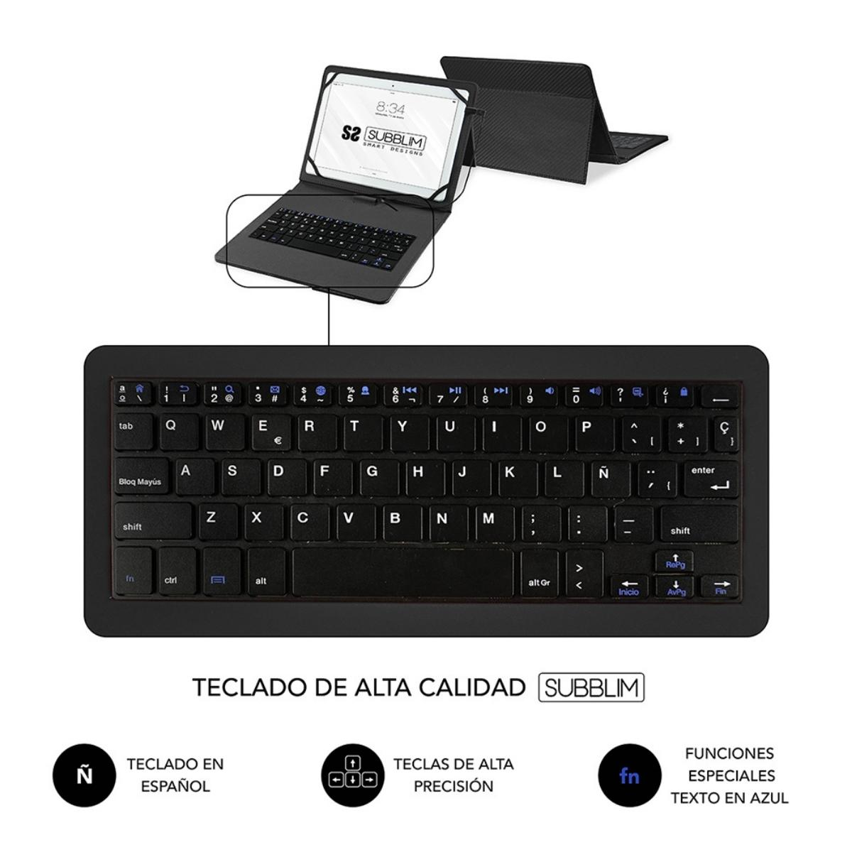 Teclado negro con una tableta, sobre fondo blanco, con texto en español.