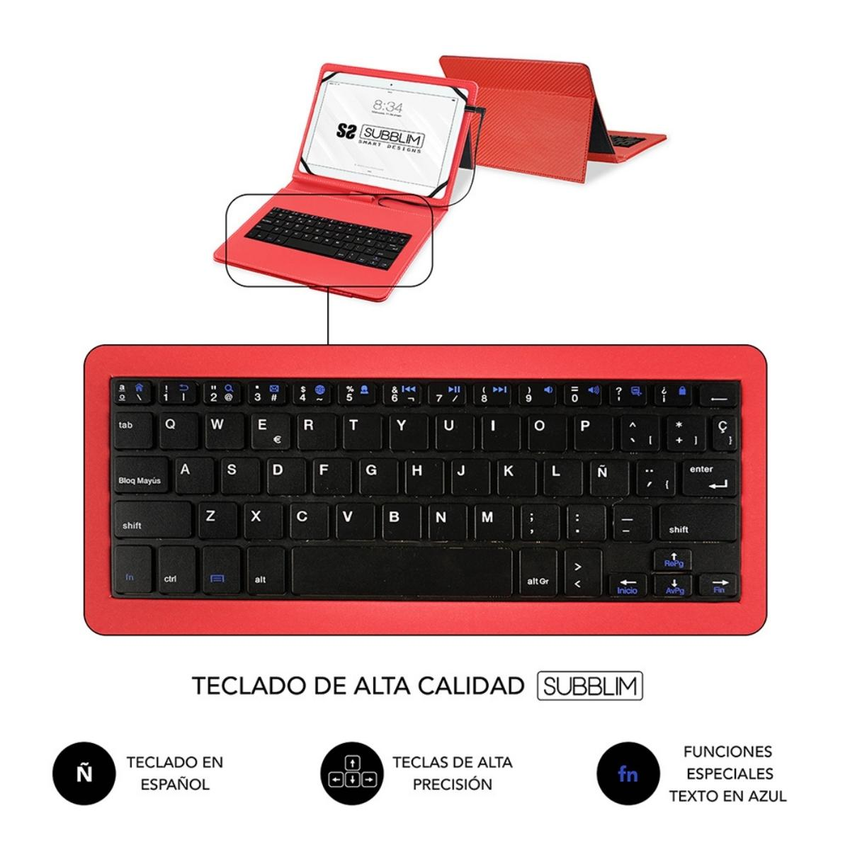 Teclado rojo con teclas negras y una cubierta roja. Tiene teclas de función especiales.