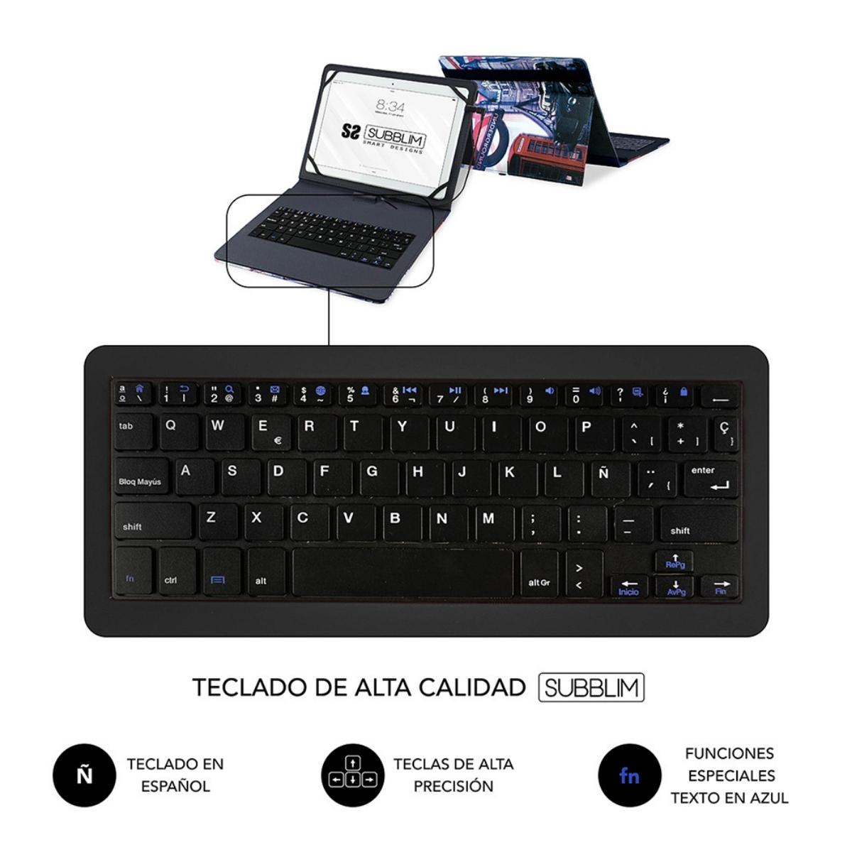 Un teclado negro para tableta con teclas y una tableta en una funda. Texto en español.