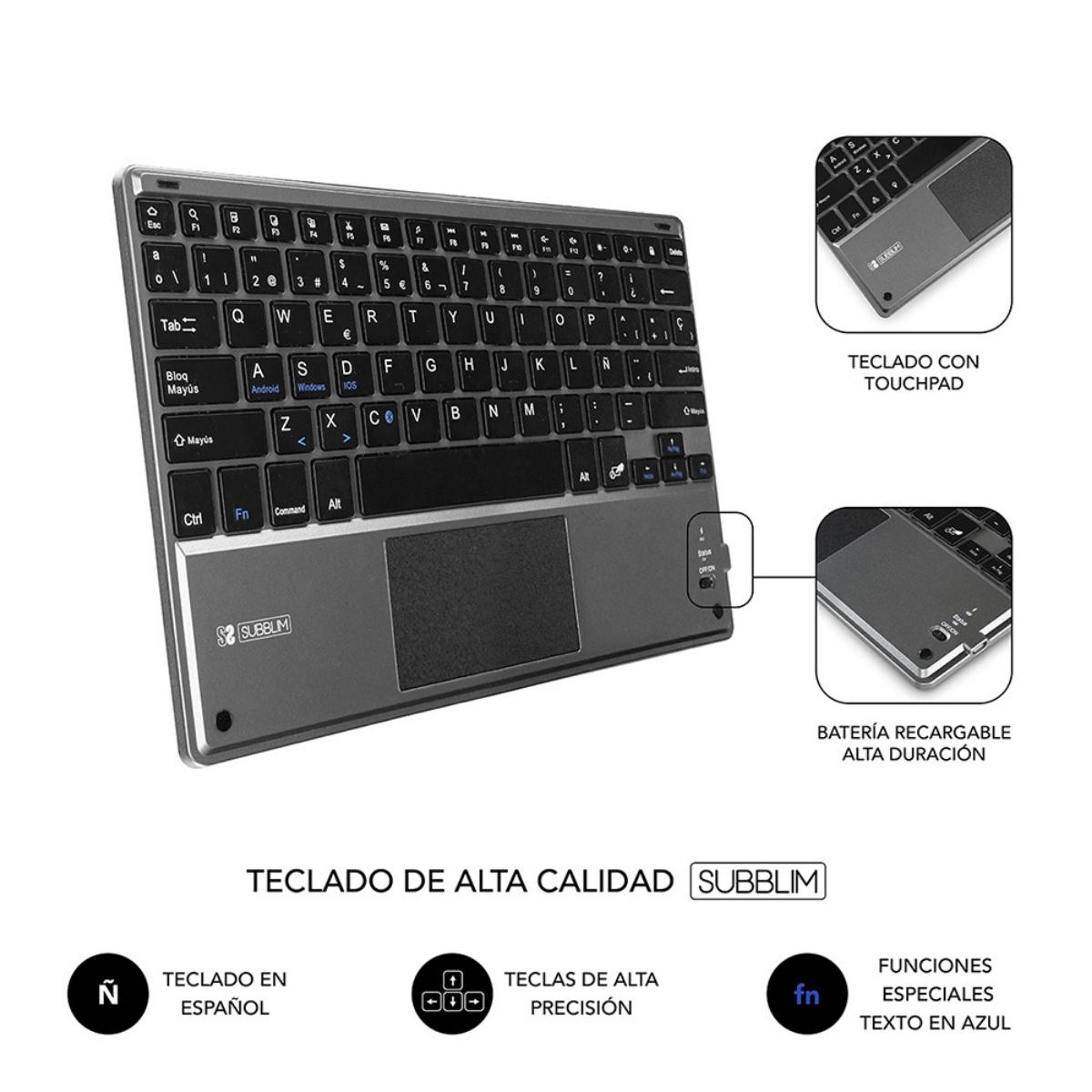 Teclado plateado y negro con panel táctil, texto 'TECLADO DE ALTA CALIDAD SUBBLIM'.