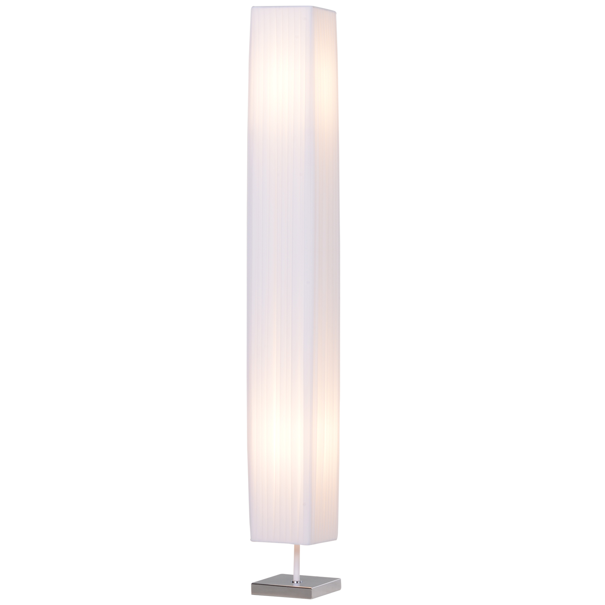 Una lampada da terra alta, bianca e rettangolare con una base quadrata.