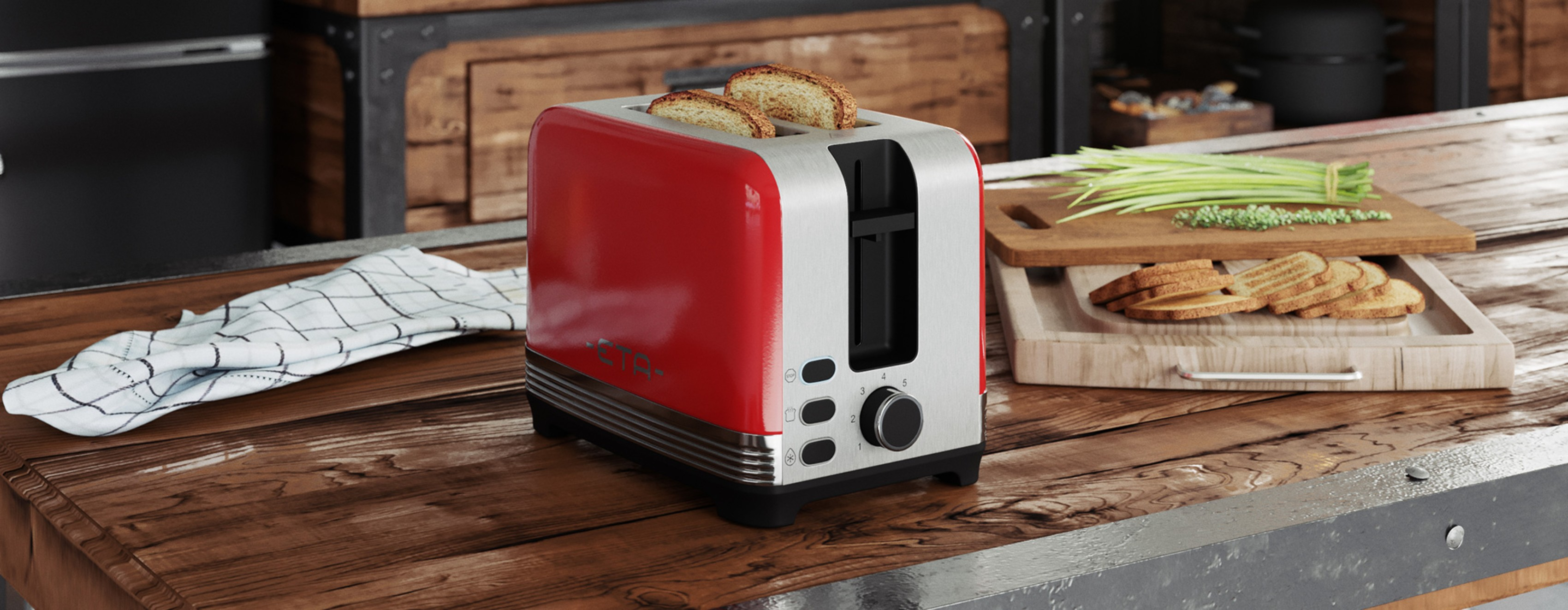 Ein roter und silberner Toaster im Retro-Stil mit zwei Toastscheiben auf einer Holzoberfläche.
