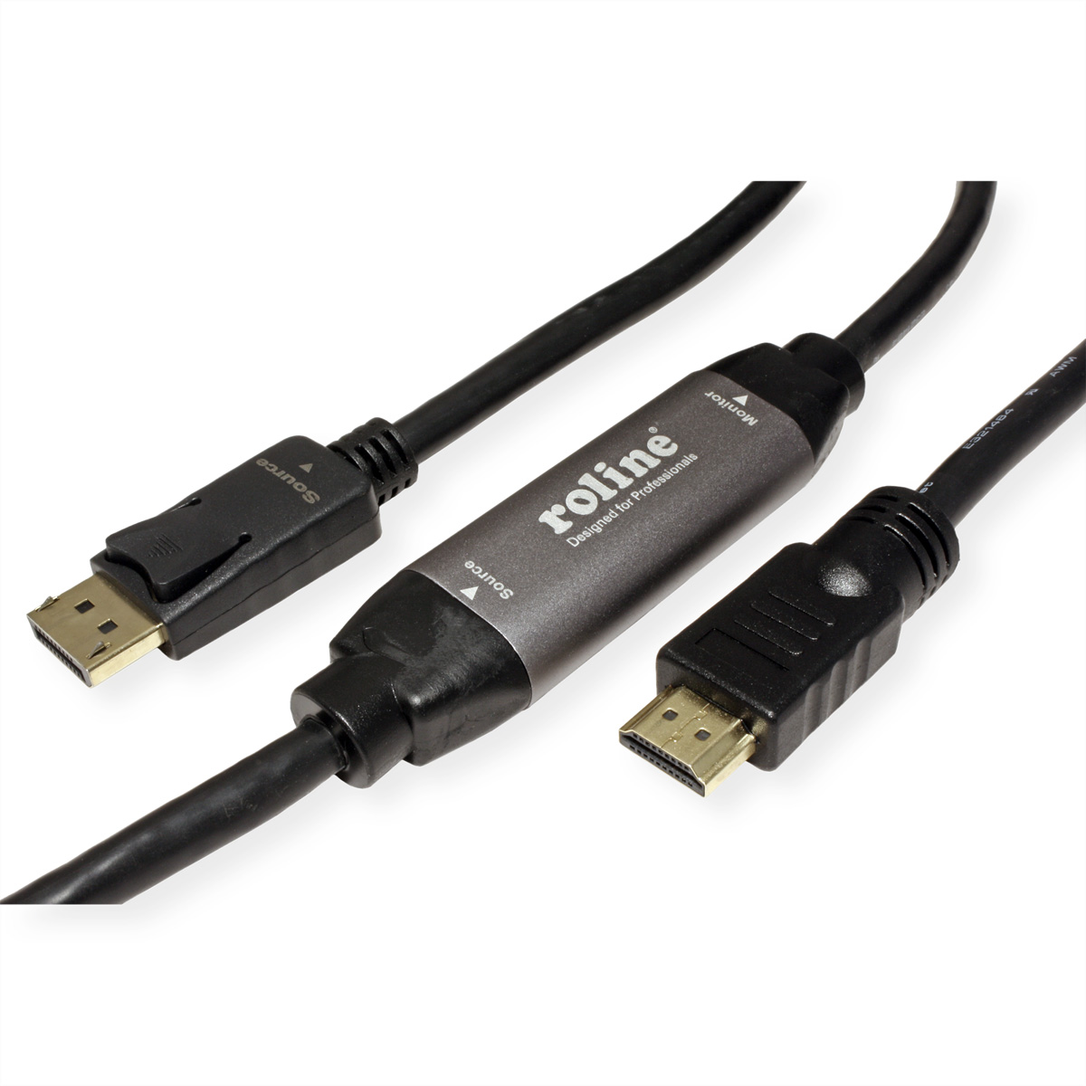 Câble noir et gris avec connecteurs HDMI et DisplayPort. Fond blanc.