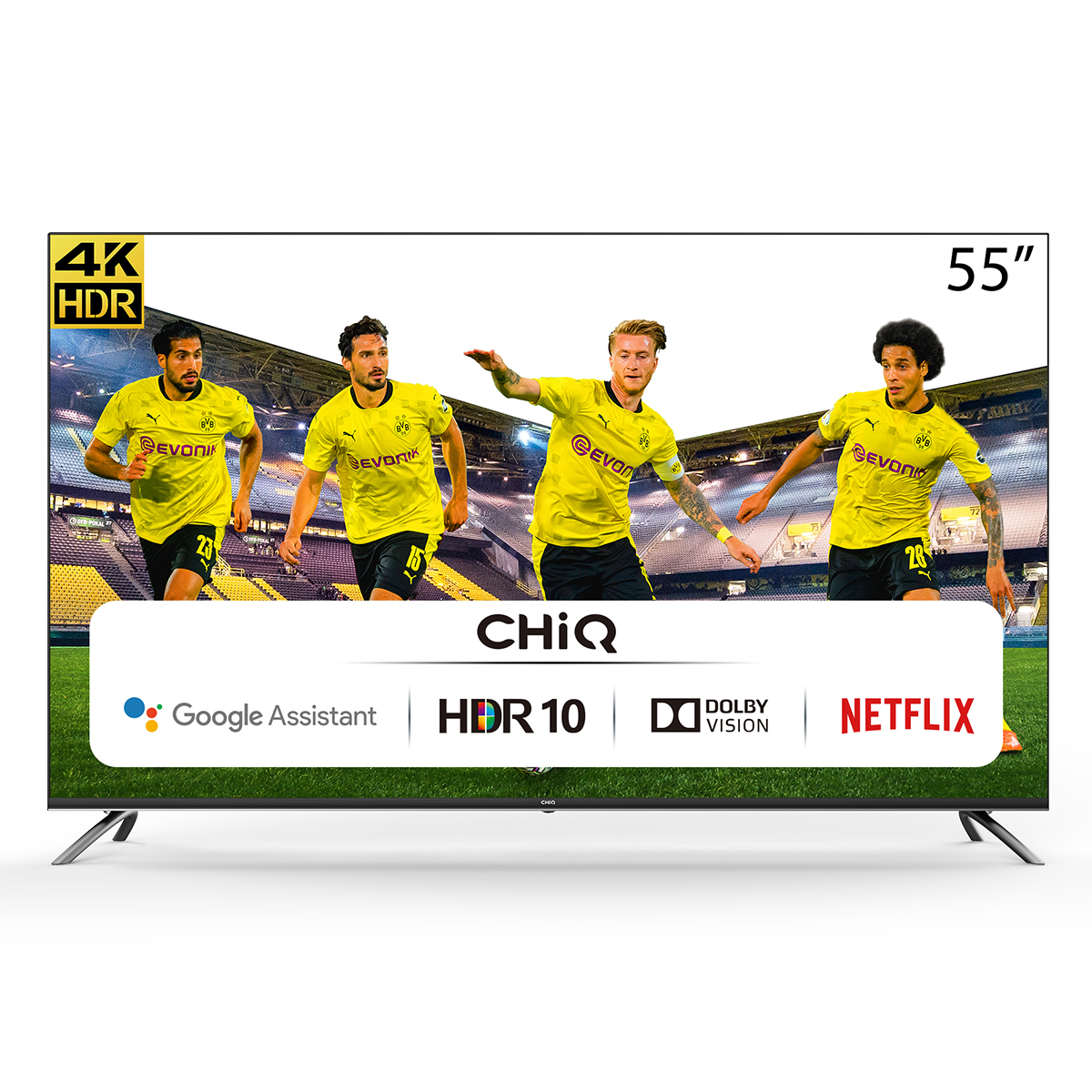 Chiq U55h7a 55 led ultrahd 4k hdr10 televisor smart tv pulgadas resolución uhd android 9.0 wifi bluetooth google play store assistant netflix prime video hdmi arc usb quad