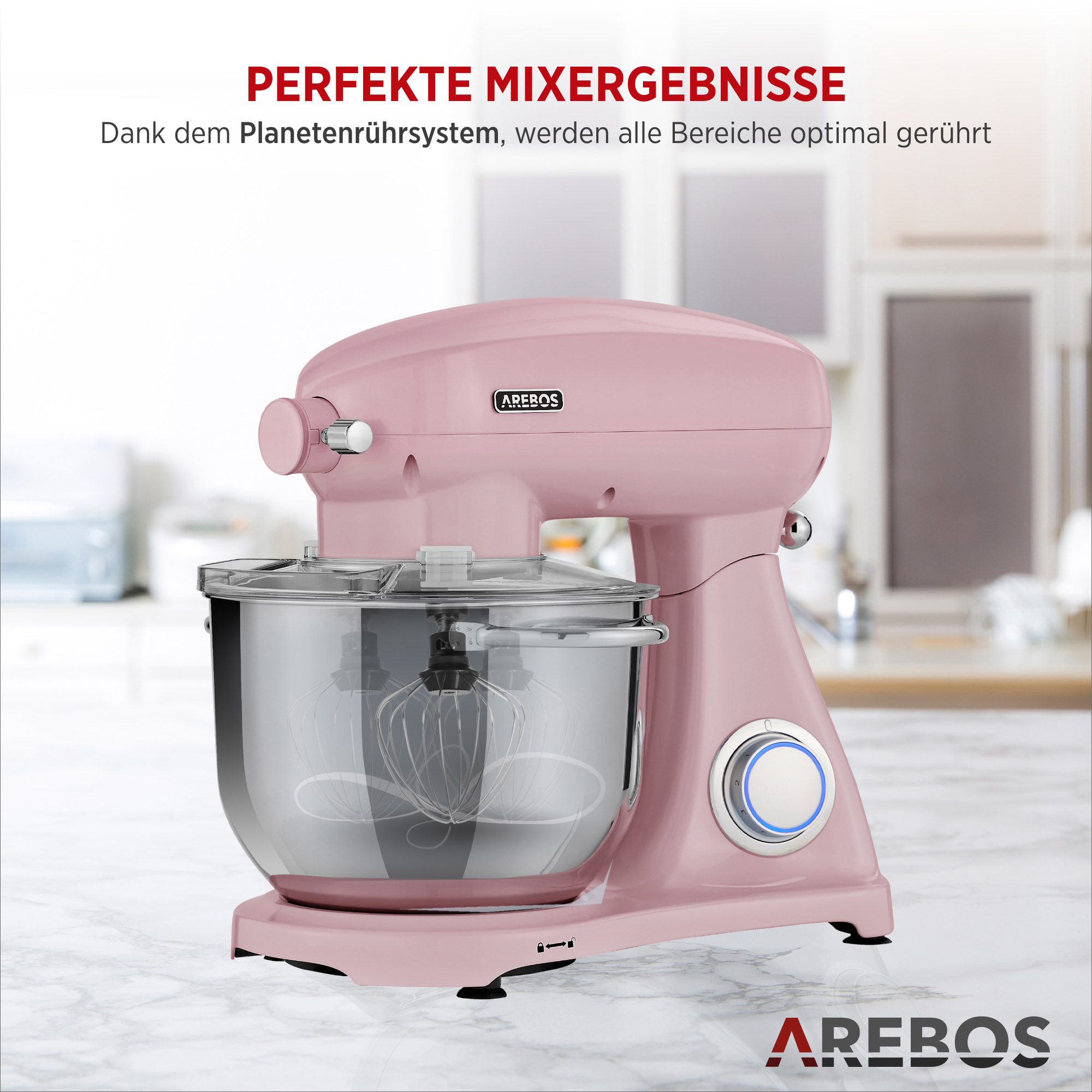 (Rührschüsselkapazität: pink 6 1800 l, Watt) AREBOS 6 Küchenmaschine Speedlevels