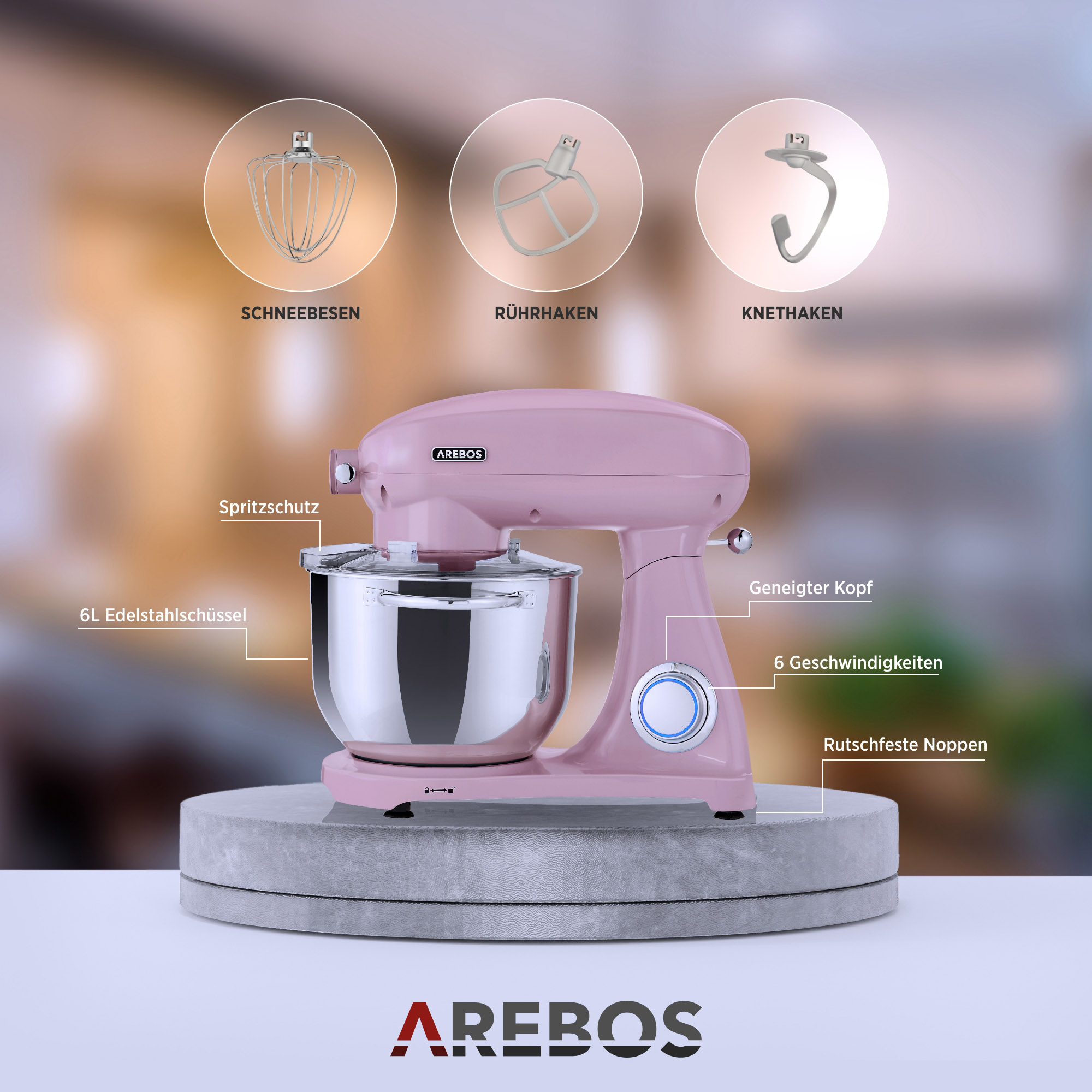 AREBOS 6 pink 6 Speedlevels (Rührschüsselkapazität: 1800 Küchenmaschine Watt) l