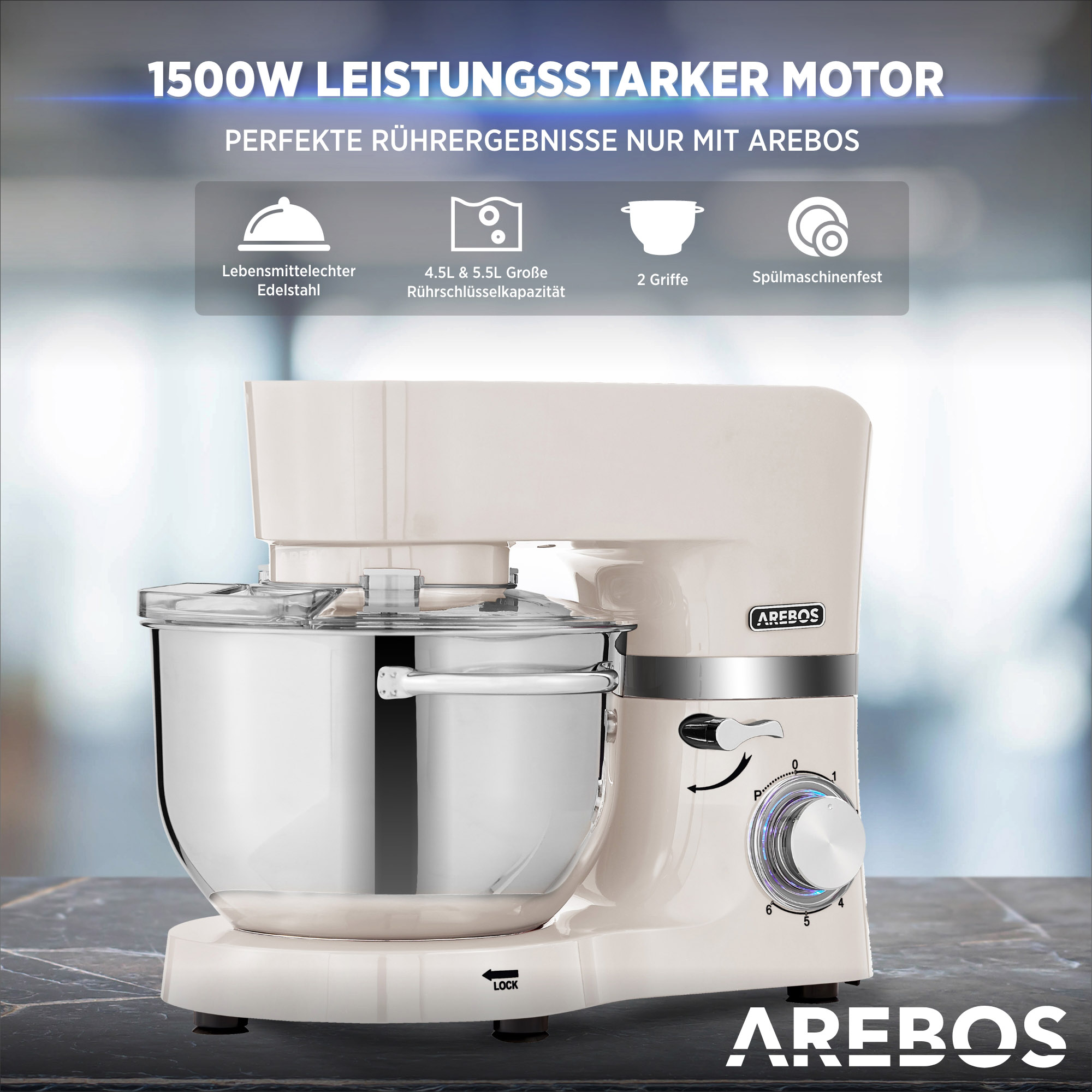 Eine weiße Küchenmaschine mit Edelstahlschüssel und beigem Sockel. Sie hat einen Bedienknopf.