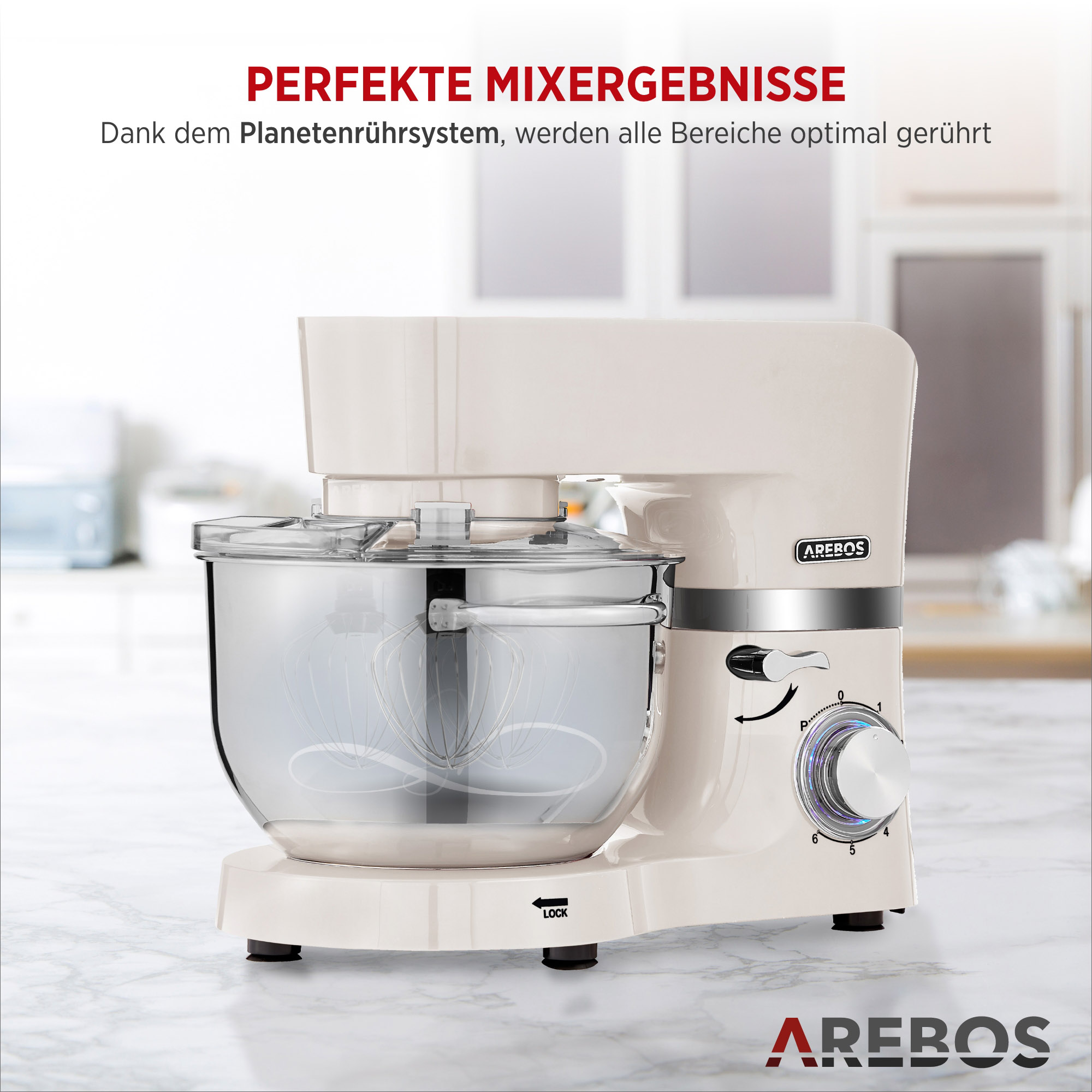 Ein cremefarbener Küchenmixer mit einer Edelstahlschüssel. Text: 'PERFEKTE MIXERGEBNISSE'.