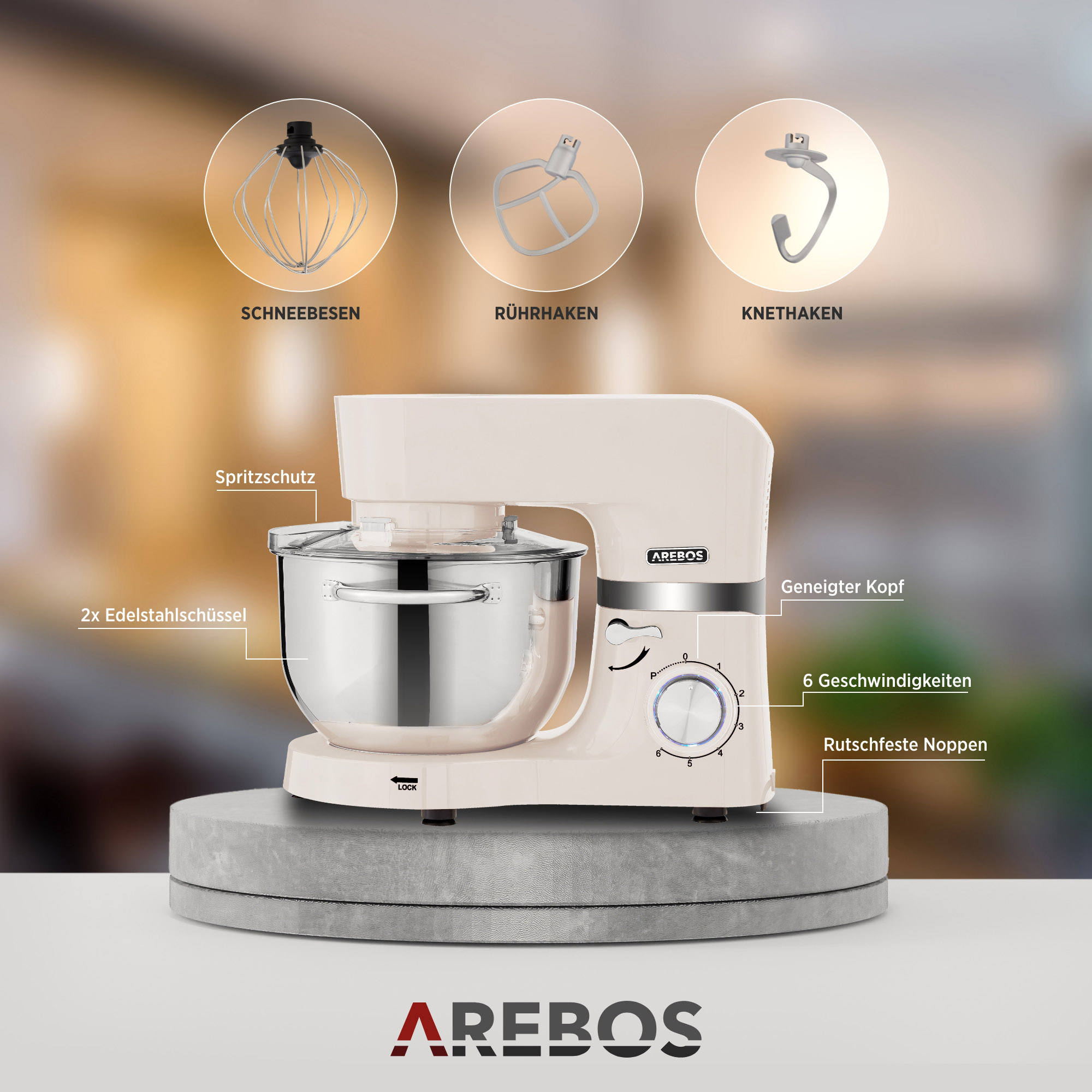 Beiger Küchenmixer mit Aufsätzen: Schneebesen, Knethaken und Rührbesen. Geschwindigkeiten.