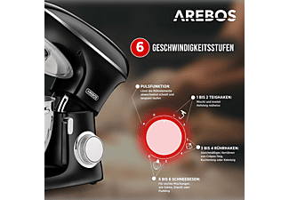 AREBOS XXL Edelstahl-Rührschüssel 6 Stufen Küchenmaschine schwarz (Rührschüsselkapazität: 8 Liter, 1500 Watt)