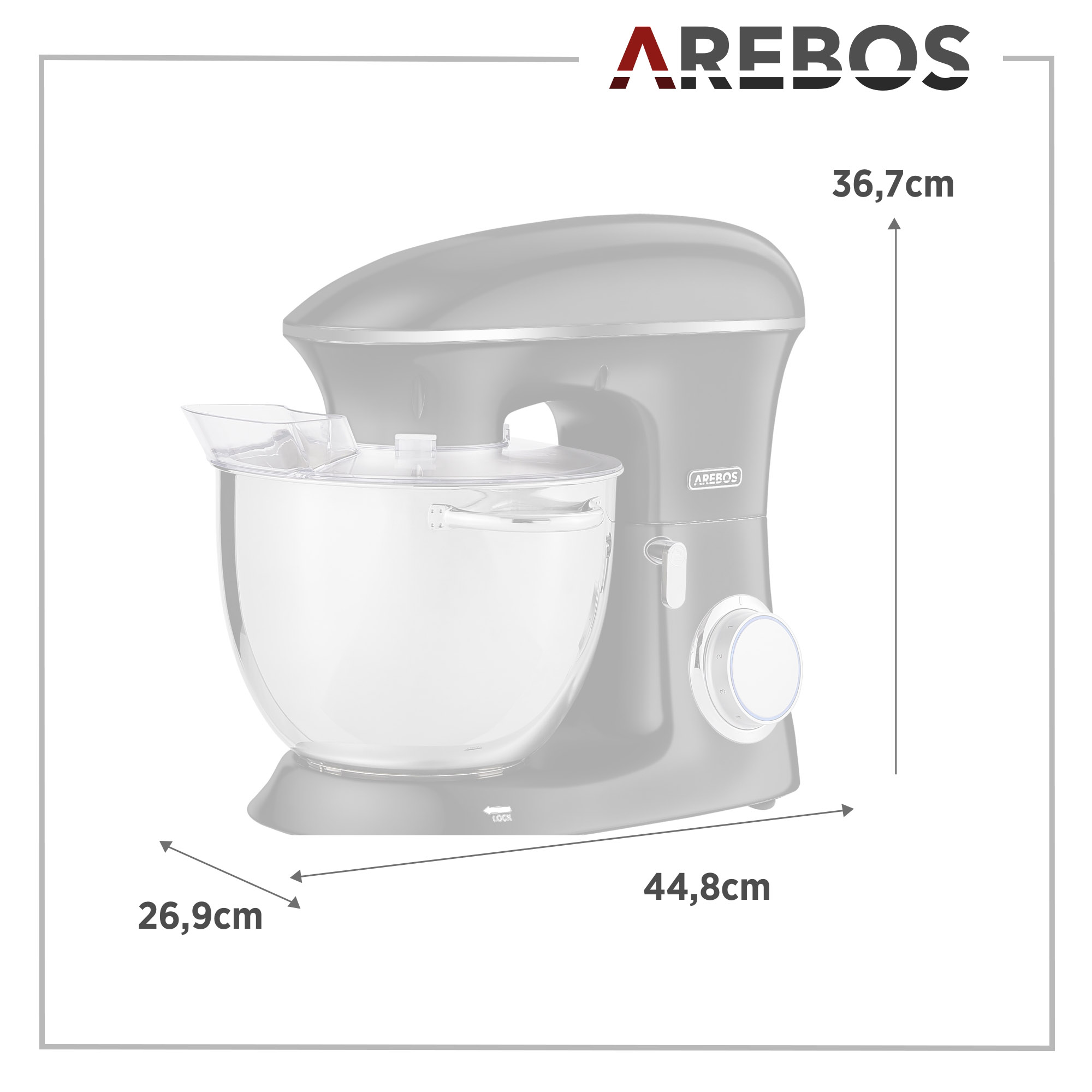 6 Edelstahl-Rührschüssel 8 XXL Liter, Watt) Küchenmaschine AREBOS (Rührschüsselkapazität: schwarz 1500 Stufen